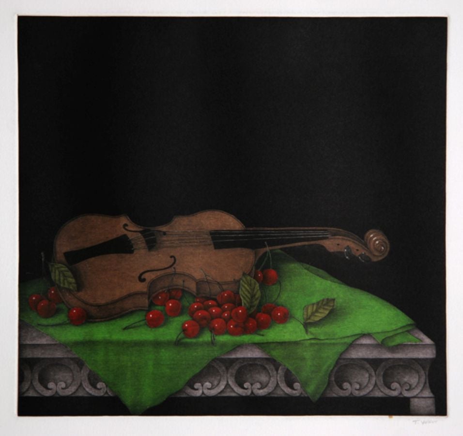 Cherry and Violine by Tomoe Yokoi, Japanese (1942)
Date: Circa 1985
Mezzotint on BFK Rives, Signed in Pencil
Size: 20 x 26 in. (50.8 x 66.04 cm)
