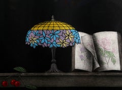 Cherries Lamp and Book, Circa 1985 Signed Minimalist Mezzotint by Tomoe Yokoi