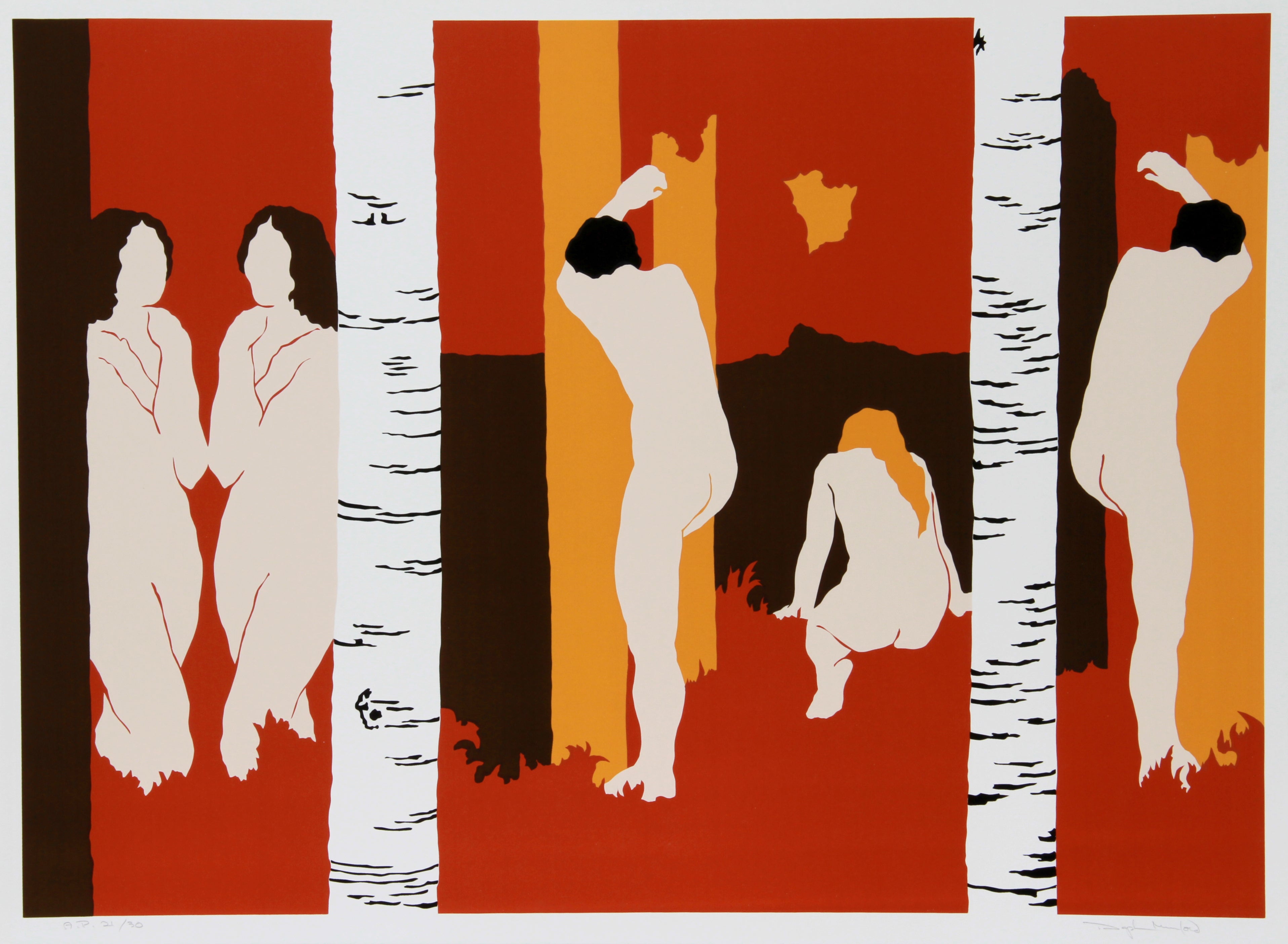 Summer II by Daphne Mumford, American (1934)
Date: 1978
Screenprint, signed and numbered in pencil
Edition of 200, AP 30
Image Size: 21 x 29 inches
Size: 22.5 in. x 30 in. (57.15 cm x 76.2 cm)