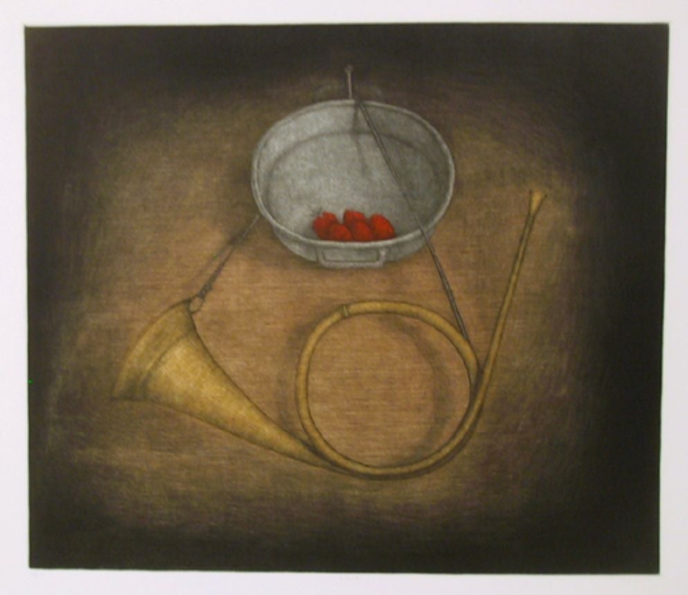 Bugle by Tomoe Yokoi, Japanese (1942)
Date: circa 1973
Mezzotint, signed and numbered in pencil
Edition of 100
Image Size: 12 x 13.5 inches
Size: 19.5 x 26 in. (49.53 x 66.04 cm)