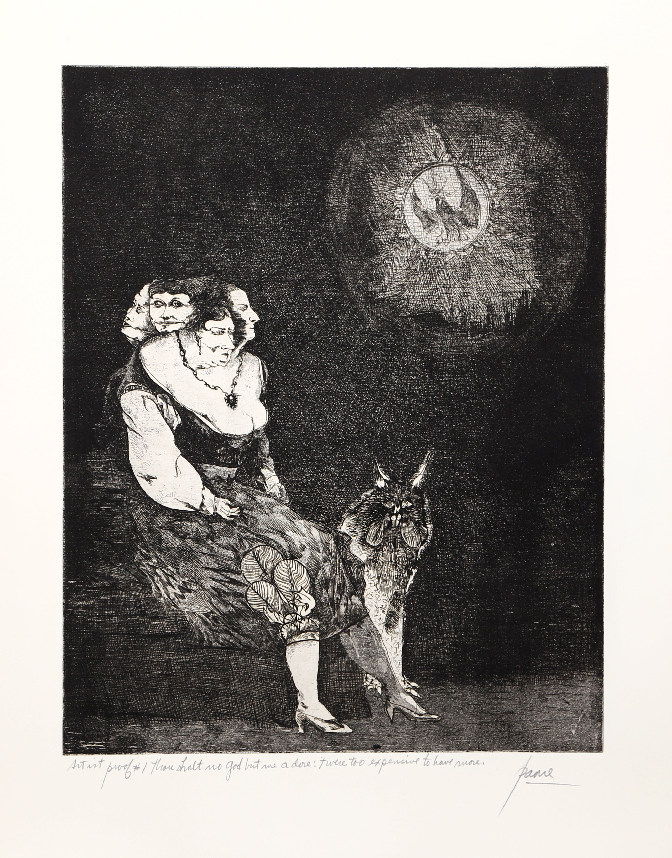 Thou Shalt No God but One Adore: ’Twas Too Expensive to Have More. by Peter Paone, American (1936)
Date: 1963
Etching, signed in pencil
Edition of AP
Image Size: 19.75 x 15.75 inches
Size: 30 x 22 in. (76.2 x 55.88 cm)