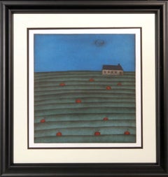 "Ciliegie nel campo", 1975 circa. Mezzotinta d'arte popolare firmata da Tomoe Yokoi