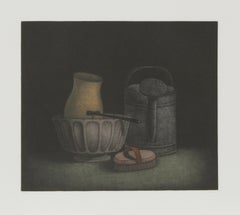Gießkanne und Pinsel, um 1973, signierte realistische Mezzotinto von Tomoe Yokoi