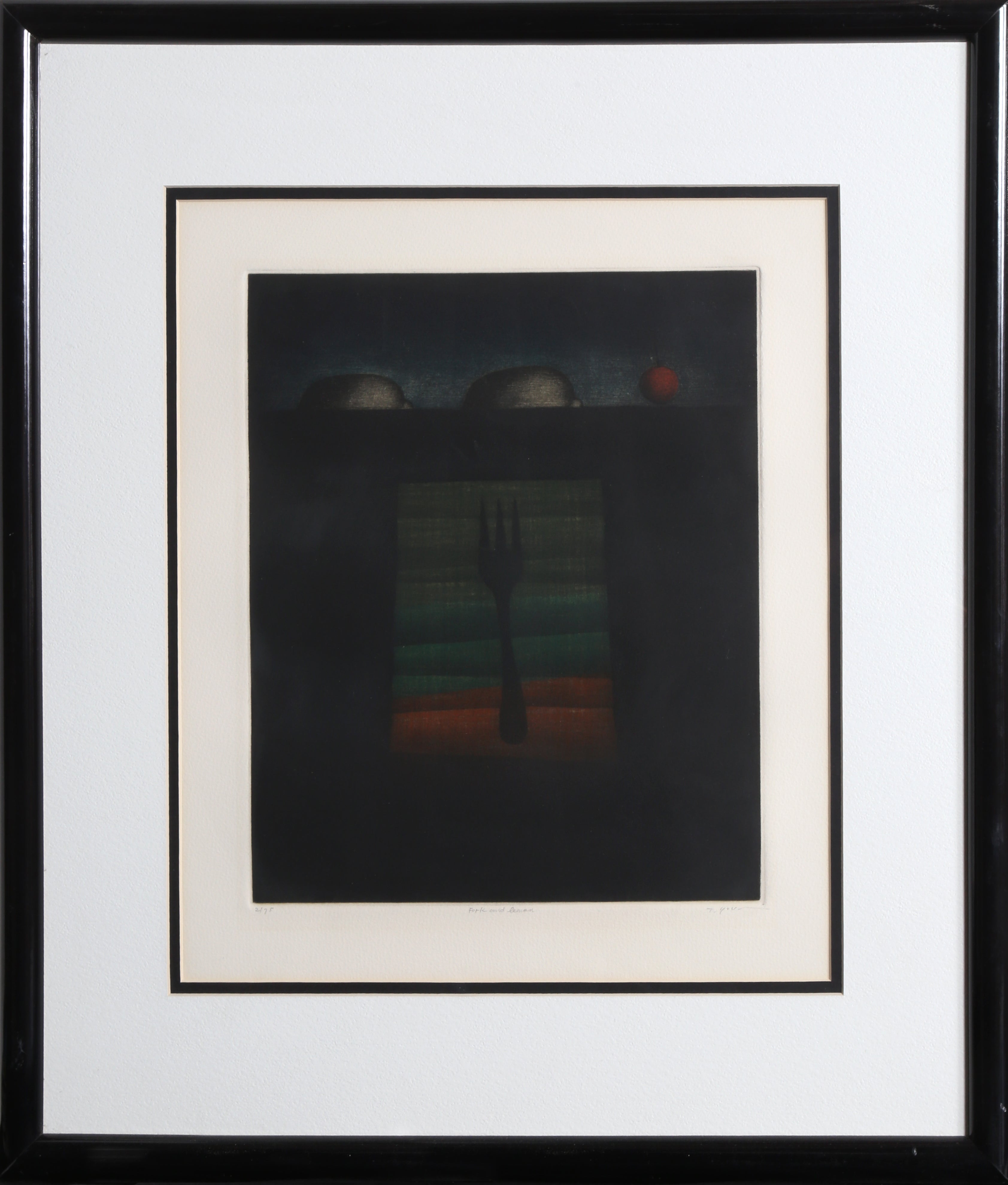 « La fourchette et le citron » de Tomoe Yokoi, ouvrage japonais (1942)
Date : vers 1985
Mezzotinte, signée et numérotée au crayon
Édition n° 2/75
Taille de l'image : 13 x 10.5 pouces
Taille : 16 x 14 in. (40.64 x 35.56 cm)
Dimensions du cadre : 25 x