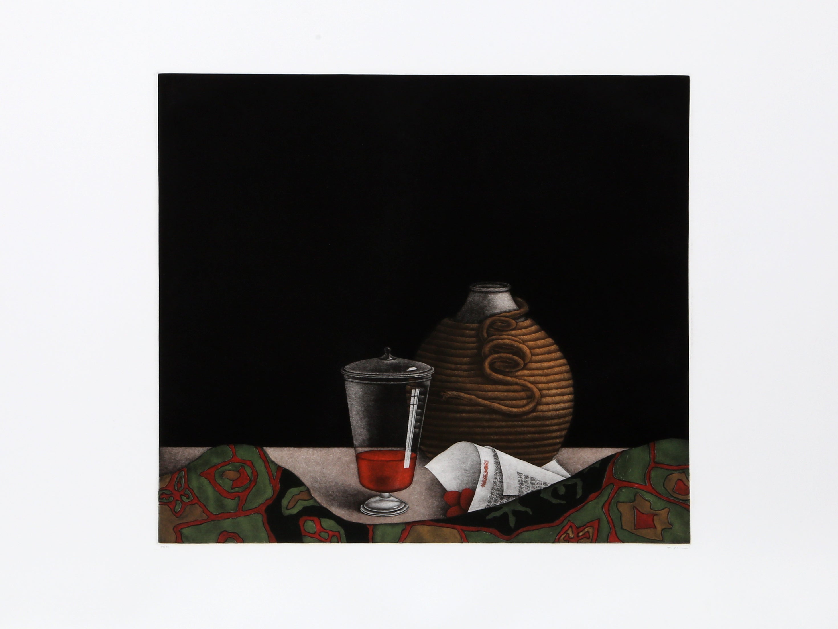 Rope Wrapped Vessel, Newspaper and Red Juice, Signed Mezzotint by Tomoe Yokoi