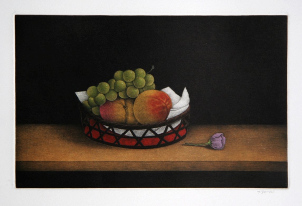Grapes and Peaches, 1985 Signed Realist Mezzotint by Tomoe Yokoi