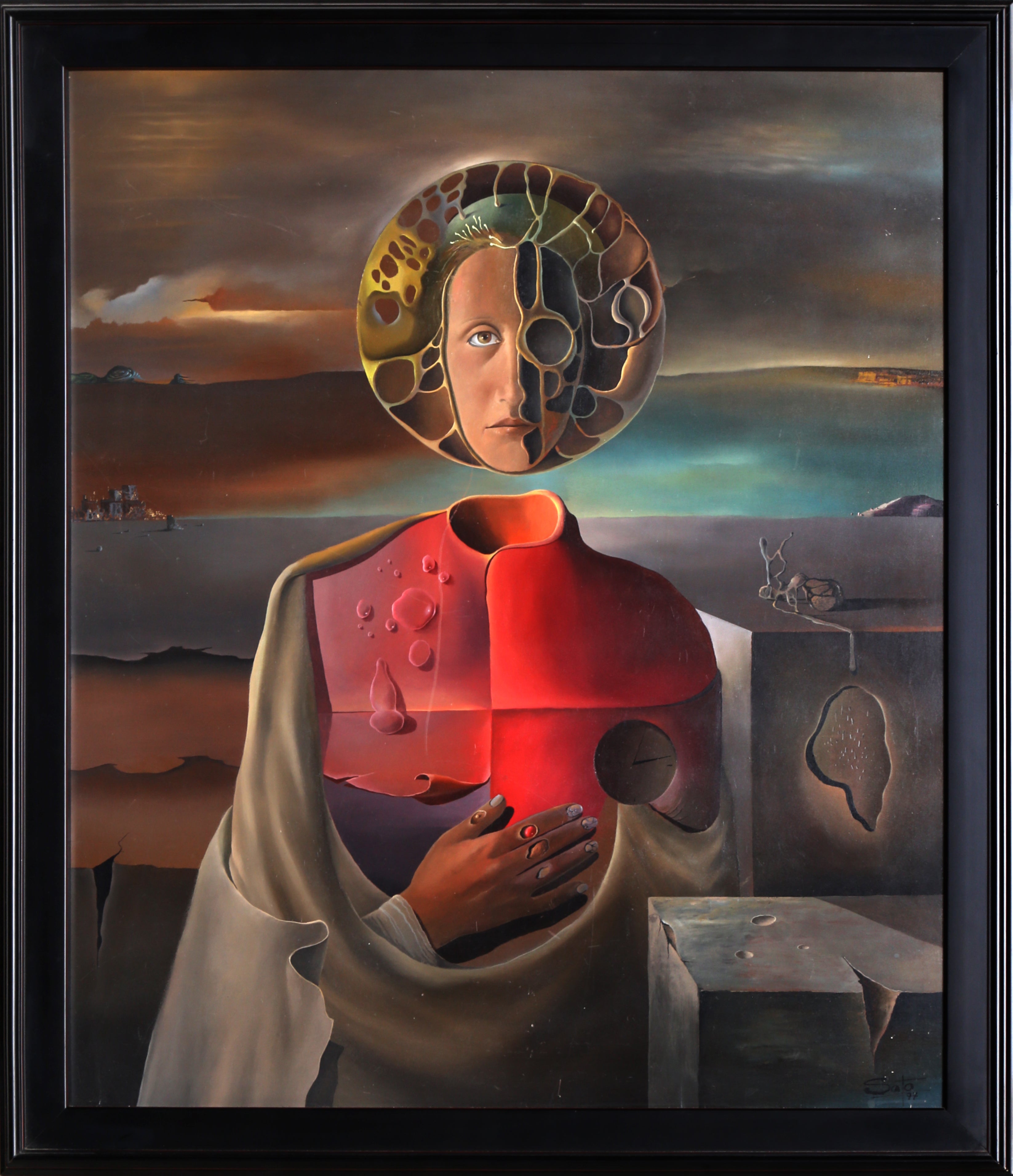 Surrealist Portrait by Roberto Soto, Argentinian (1926–1986)
Date: 1977
Oil on Masonite, signed and dated l.r.
Size: 28 in. x 23.5 in. (71.12 cm x 59.69 cm)
Frame Size: 31 x 27 inches