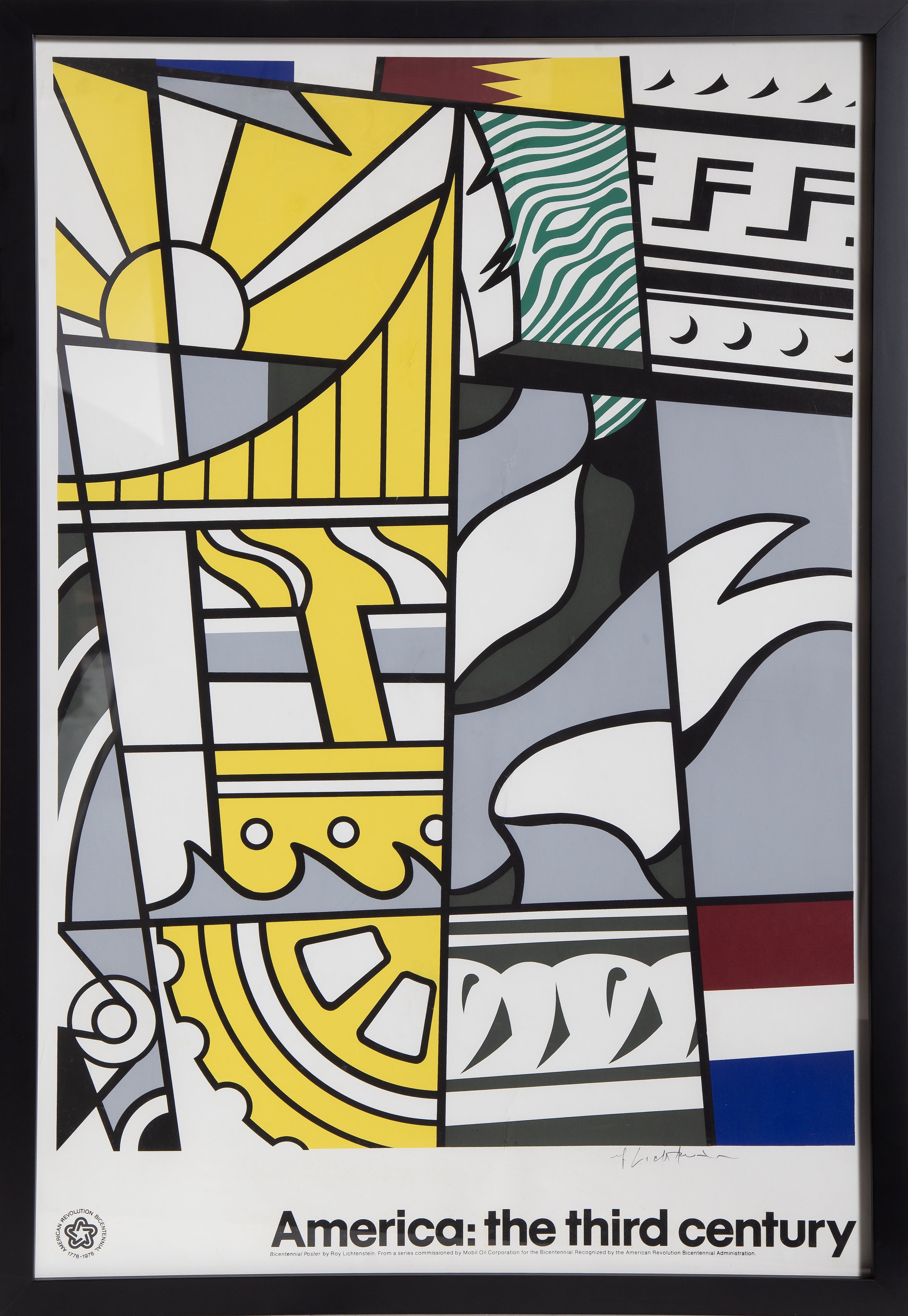 Bicentennial Print by Roy Lichtenstein, American (1923–1997)
Portfolio: America: The Third Century
Date: 1975
Screenprint Poster, signed in pencil lower right
Size: 34 x 23 in. (86.36 x 58.42 cm)
Frame Size: 36.5 x 25 inches
Printer: Sanders