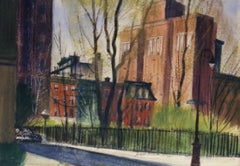 City Street Scene, Signed Impressionist Drawing by Joseph Barber