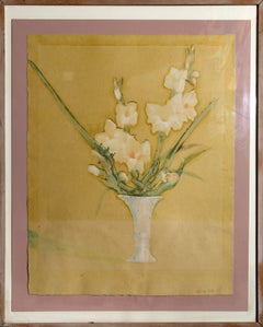 Pink Flowers in Vase, Signed Contemporary Mixed Media Work by Sylvia Roth