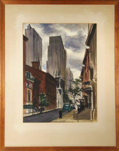 New York City Street, Signed Impressionist Drawing by Joseph Barber