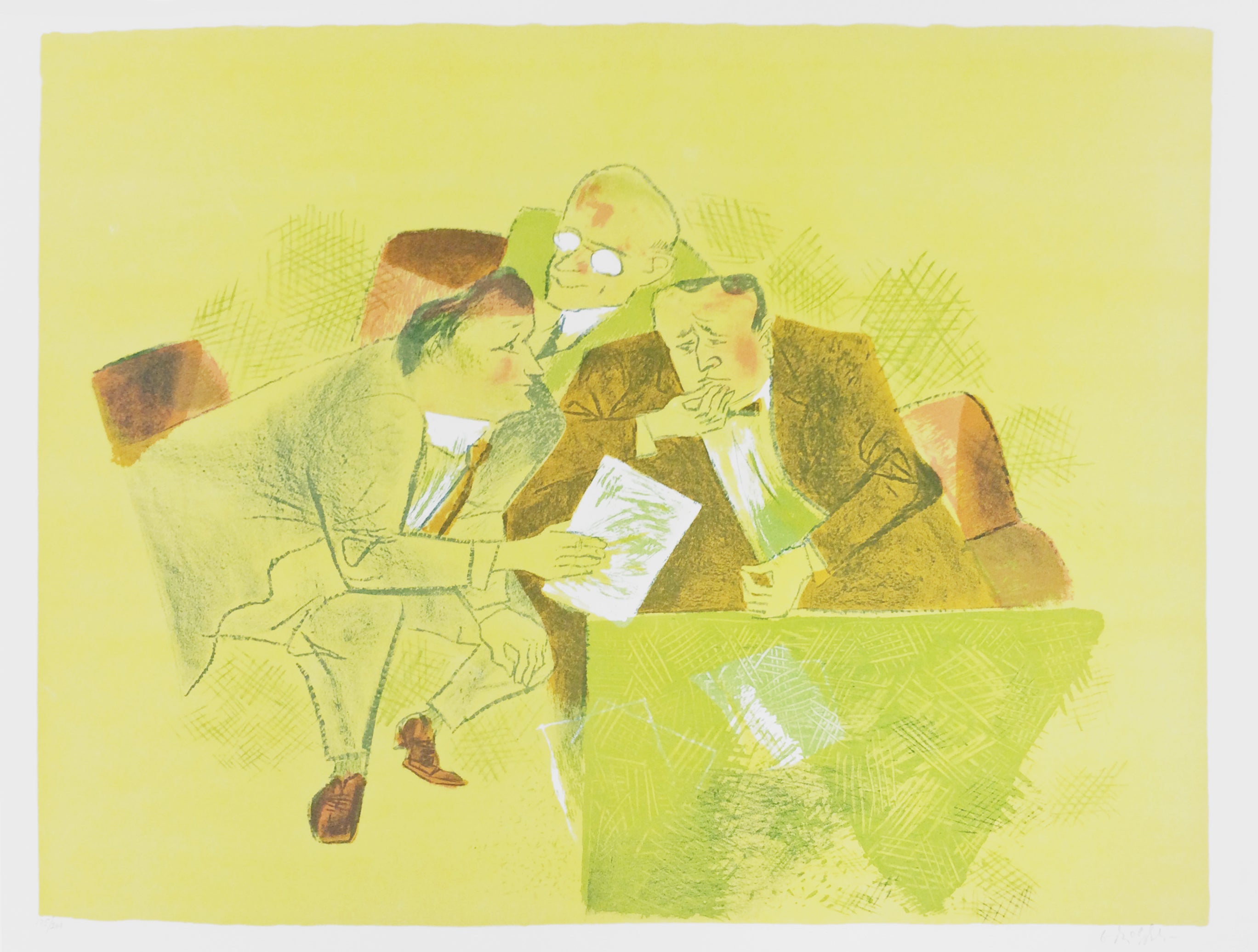 Trois hommes sont assis et discutent autour d'une feuille de papier (le budget). Un simple motif en hachures croisées entoure les personnages, délimitant ainsi l'espace intérieur dans lequel ils sont assis.

« The Budget », de William Gropper (1897