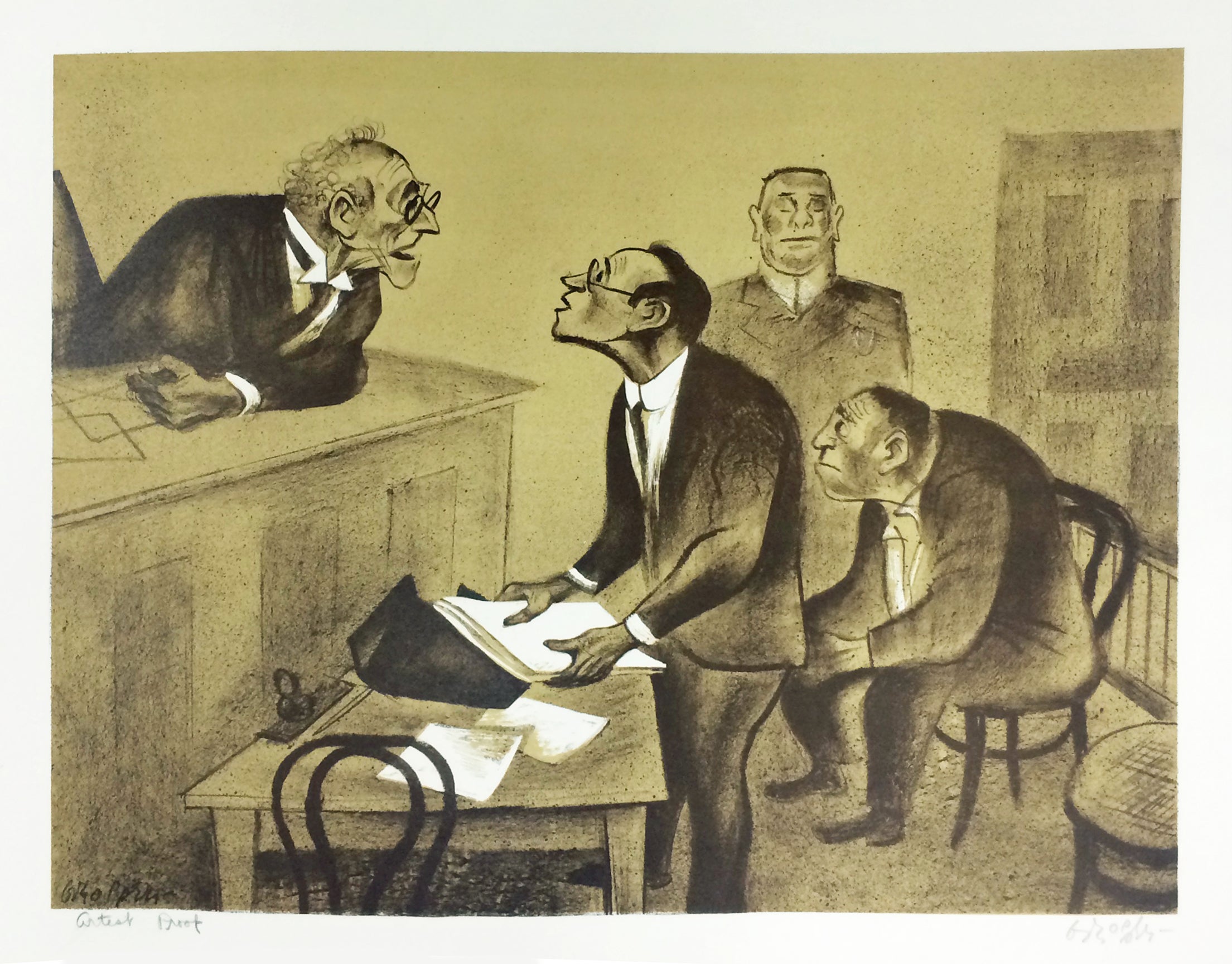 Un juge s'adresse à un avocat de la défense à la barre ; l'accusé est assis derrière l'avocat, tandis que l'huissier se tient à côté. Une superbe estampe illustrant le style et l'époque des salles d'audience américaines.

Témoignage de William
