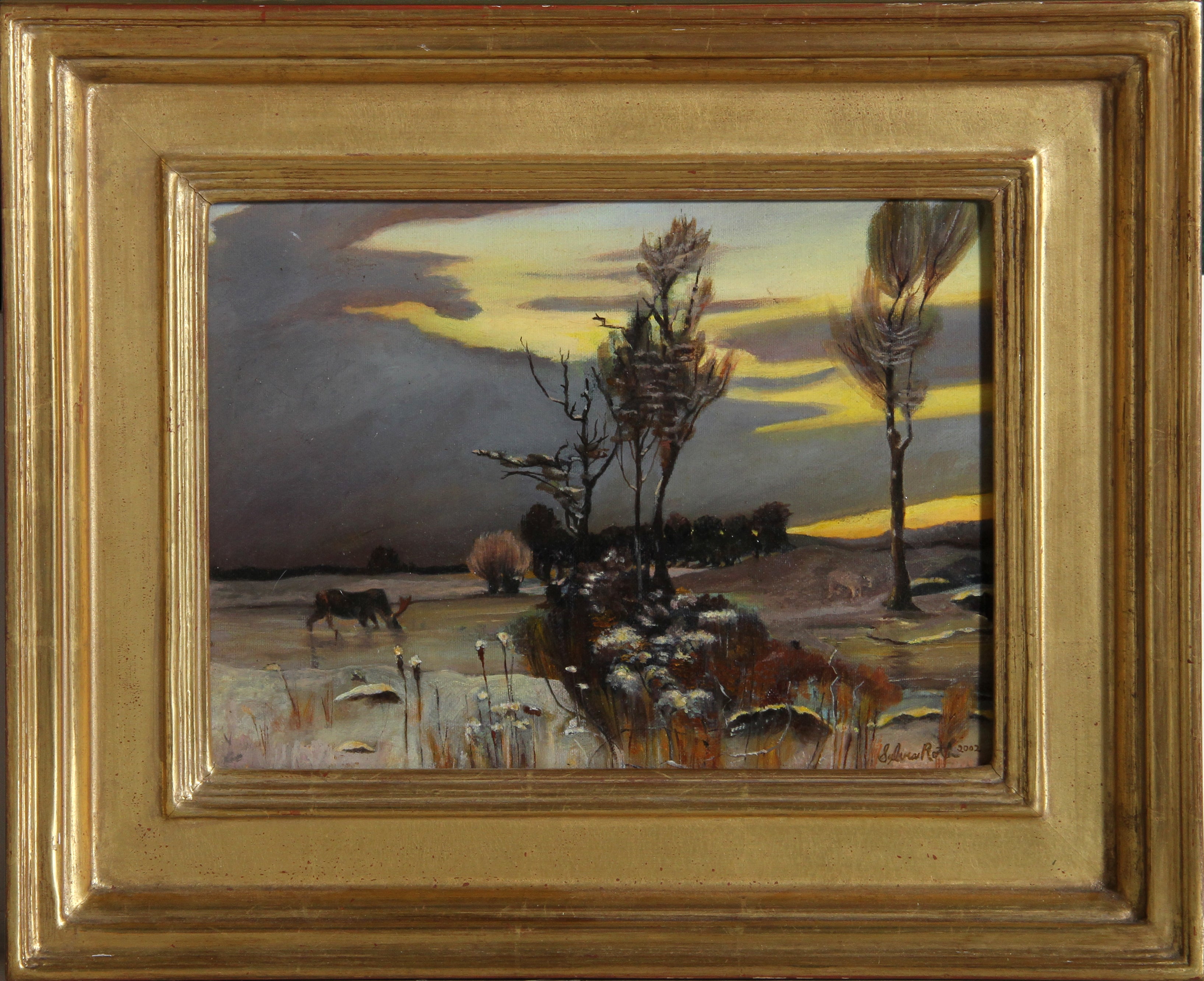 Sylvia Roth's picturesque sunset landscape features a moose wading through water while grasses and trees rise into the shadowy sky.

Moose by Sylvia Roth
Date: 2002
Medium: Oil on Canvas
Size: 9.25  x 12 in. (23.5  x 30.48 cm)
Frame Size: 14.5 x