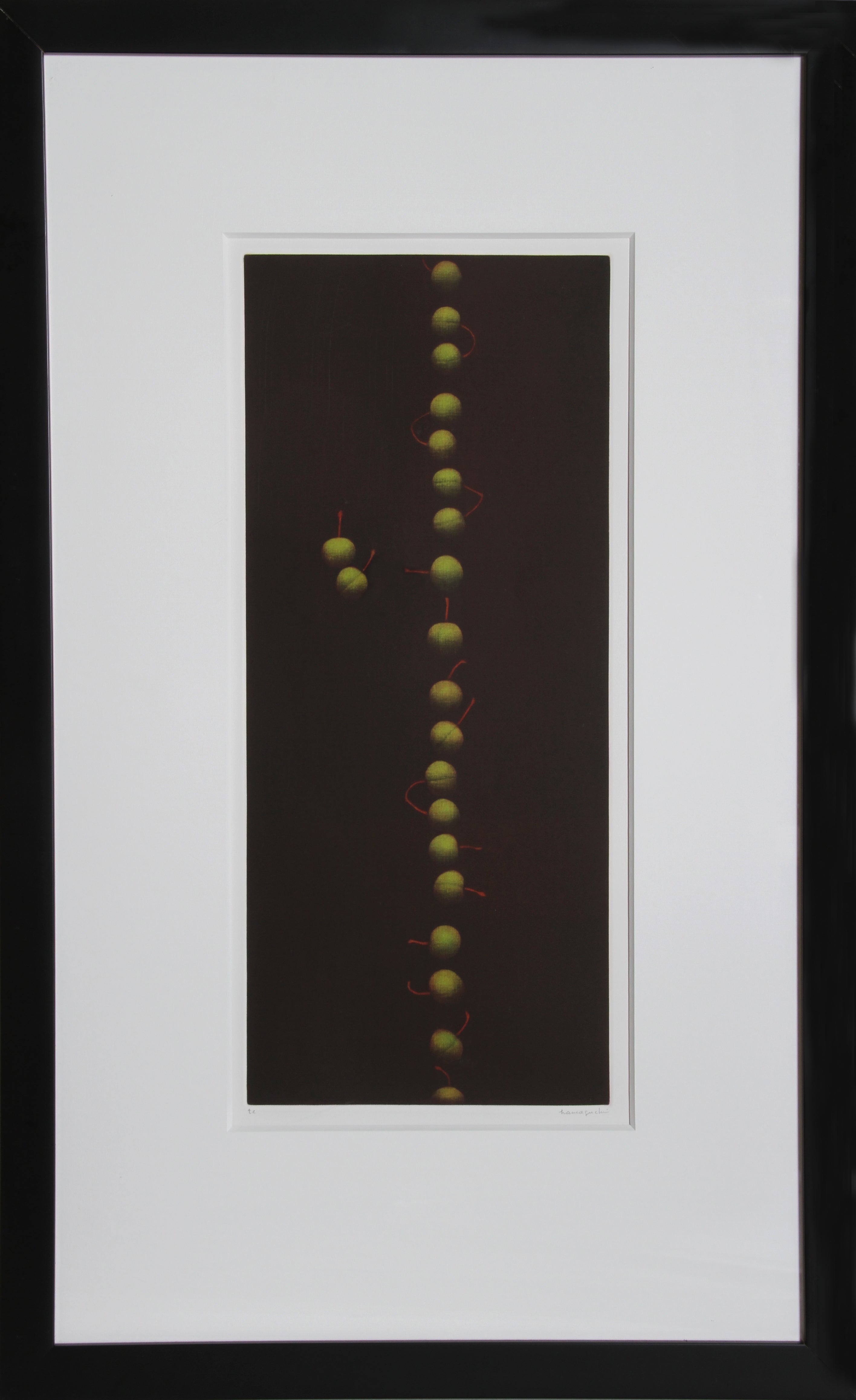 Twenty-Two Cherries (Green) by Yozo Hamaguchi, (1909 - 2000)
Date: 1990
Medium: Mezzotint, signed in pencil
Edition: HC
Image Size: 21.5 x 9.38 inches
Frame Size: 35 x 21.5 inches
