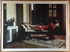 "Donna in rosso sul divano", dipinto a olio fotorealista firmato di Harry McCormick