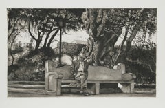 Man on Bench (B & W), Signed Photorealist Aquatint by Harry McCormick