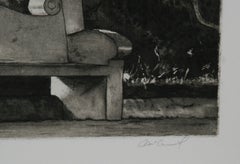 Man on Bench (B & W), Signed Photorealist Aquatint by Harry McCormick