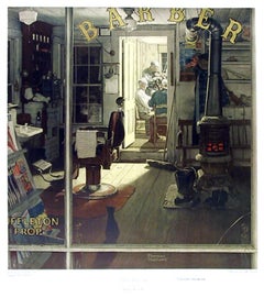 « Shuffleton's Barber Shop », estampe offset de style réaliste américain par Norman Rockwell