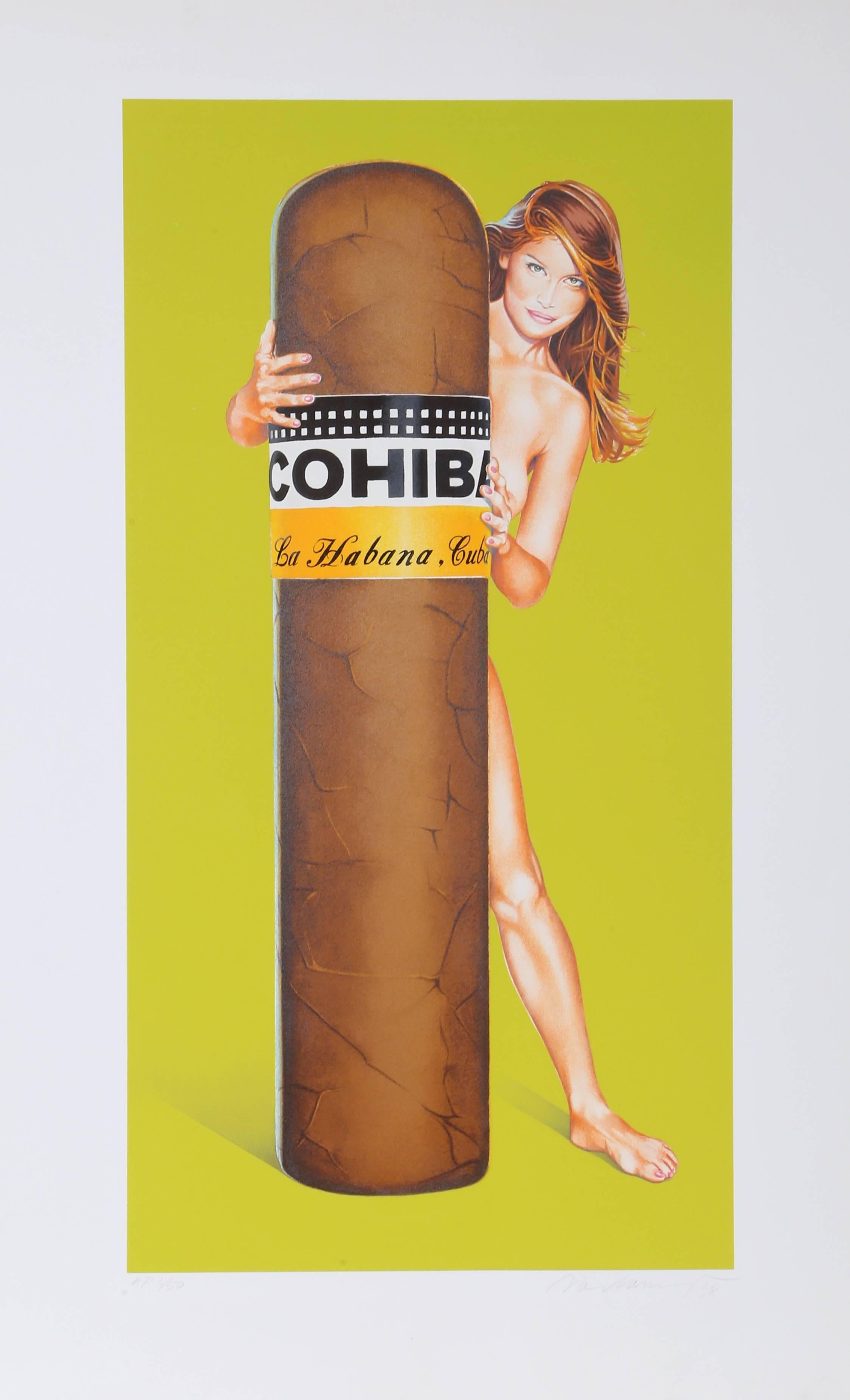 Artistics : Mel Ramos, Américain (1935 - )
Titre : Hav a Havana III
Année : 1998
Médium : Lithographie, signée et numérotée au crayon 
Édition : AP 3/50
Taille de l'image : 25.75 x 13.25 pouces
Taille : 31.5 in. x 19.5 inches