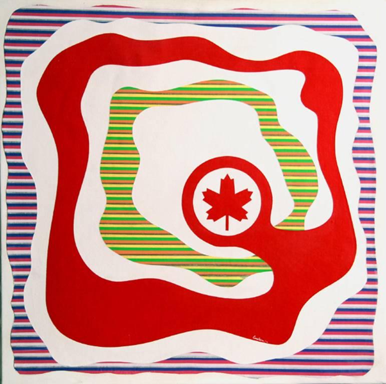This painting was created by Canadian artist Max Epstein. Epstein's paintings, like this one, often feature Canadian motifs and bright colors. This painting is signed in the lower center, and measures 33 x 33 inches. It is in excellent condition.