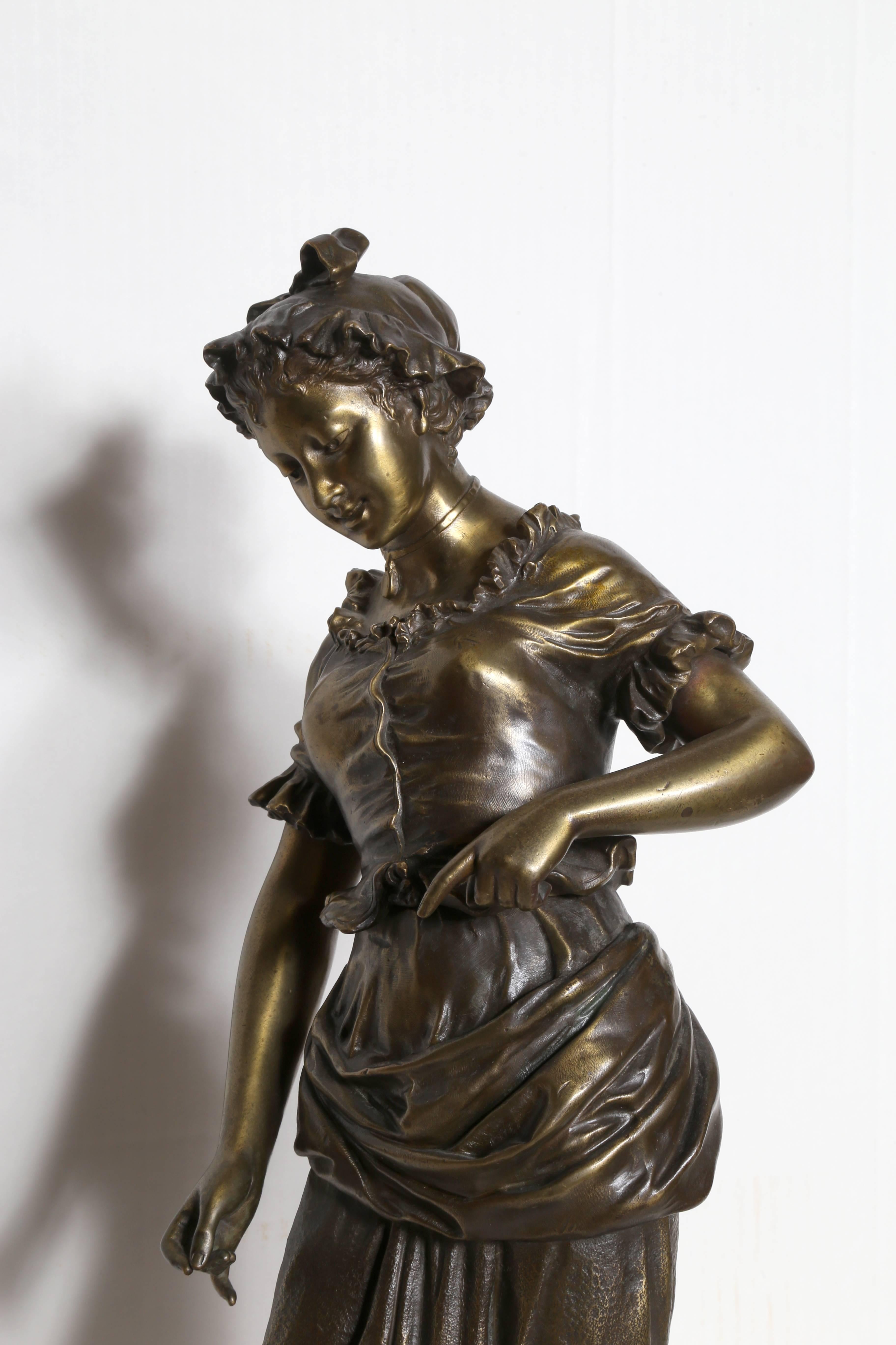 
Artist: Hippolyte Moreau, French (1832 - 1927)
Title: Maiden
Medium: Bronze Sculpture with Marble Base
Size:  22  x 9.5  x 6 in. (55.88  x 24.13  x 15.24 cm)