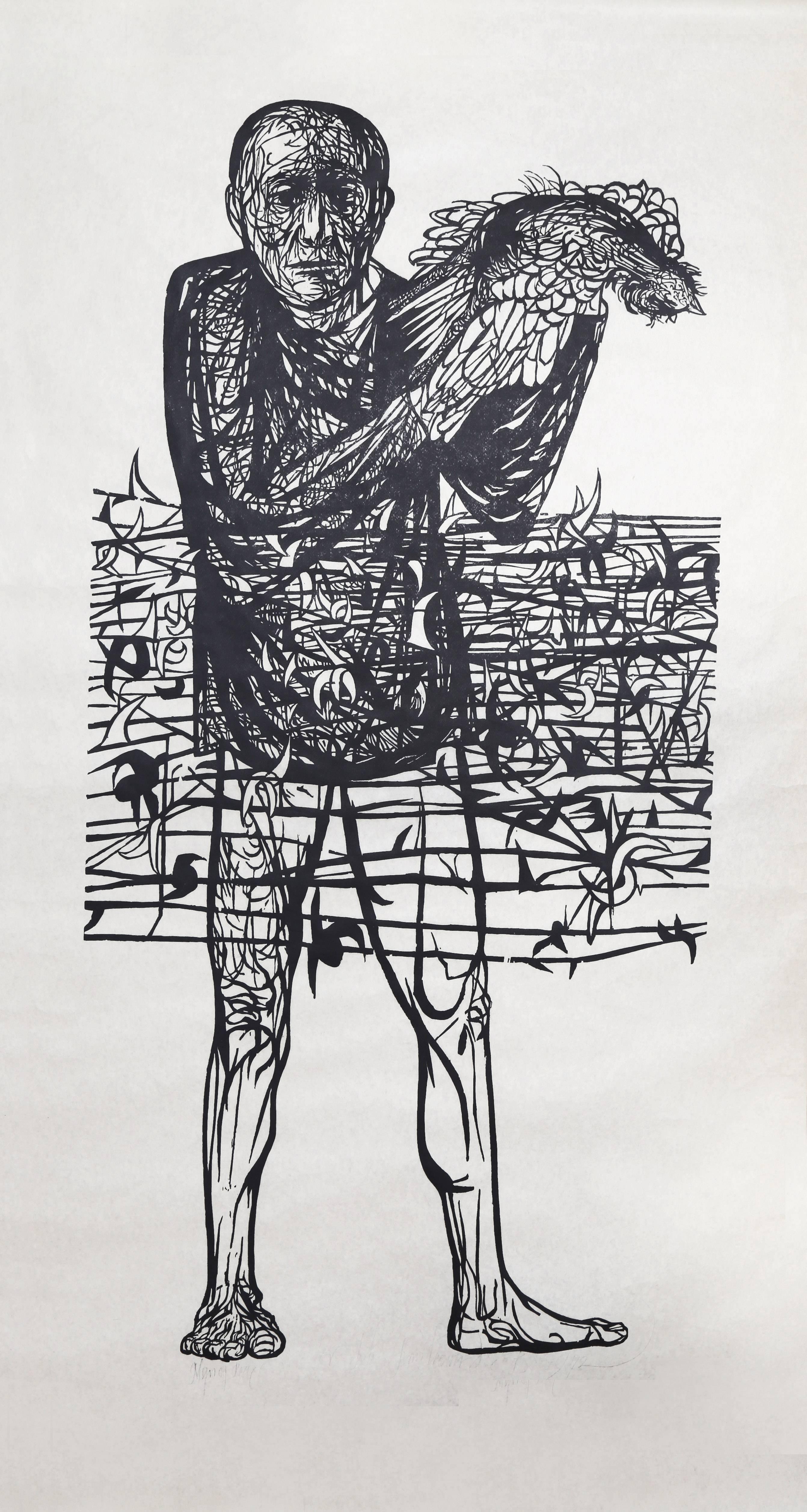 Leonard Baskin Figurative Print - "Man of Peace, " Woodcut Print on Rice Paper, 1972