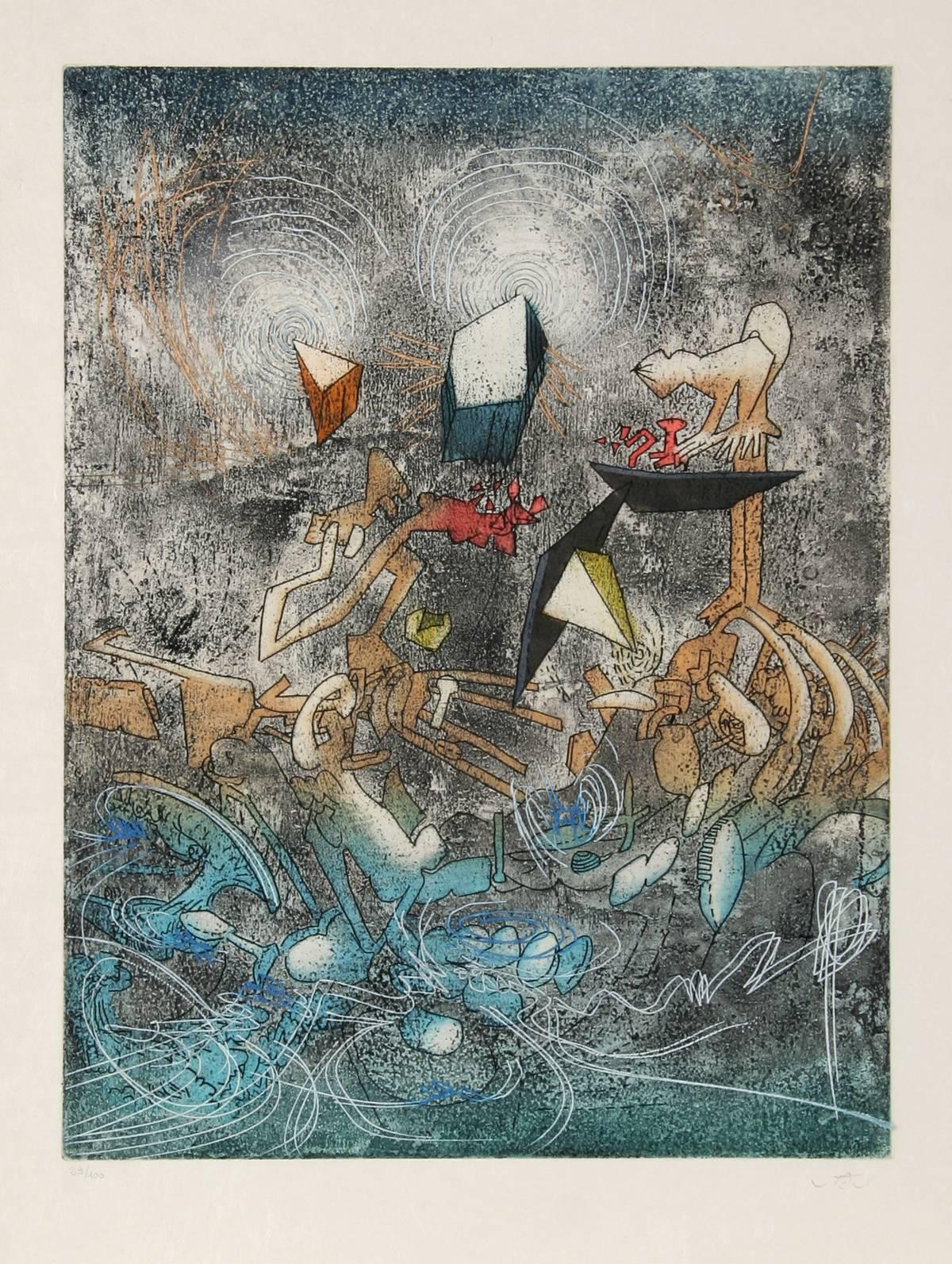 Artist: Roberto Matta, Chilean (1911 - 2002)
Title: Hom'mere V - N'ous - 1-10
Year: 1985
Medium: Suite of 10 Aquatint Etchings on Japon, each signed and numbered in pencil
Edition: 29/100
Image Size: 19.5 x 15 inches
Size: 26.5 in. x 20.5 in. (67.31