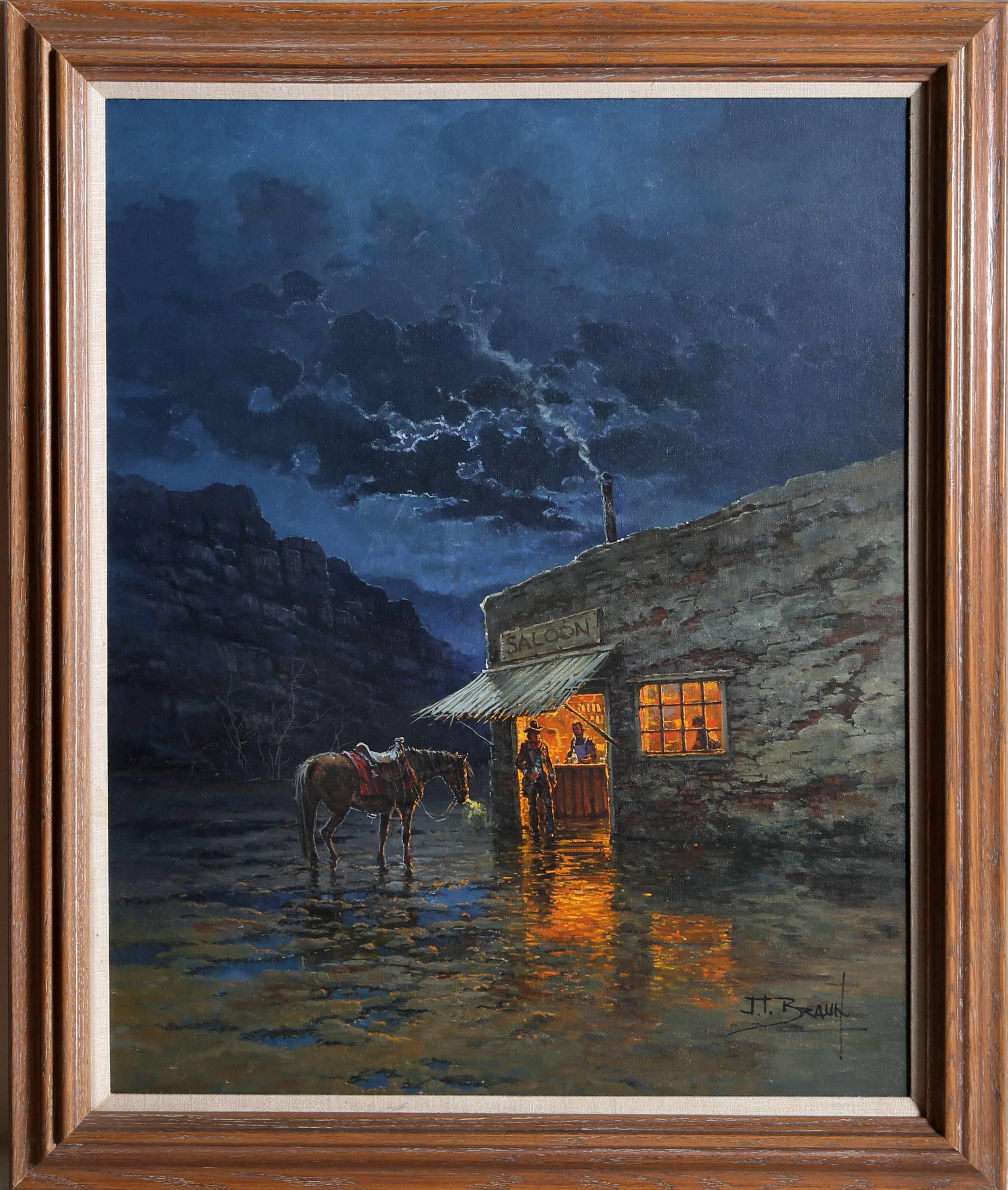 Jorge Braun Tarallo Landscape Painting - Saloon, Western Oil Painting
