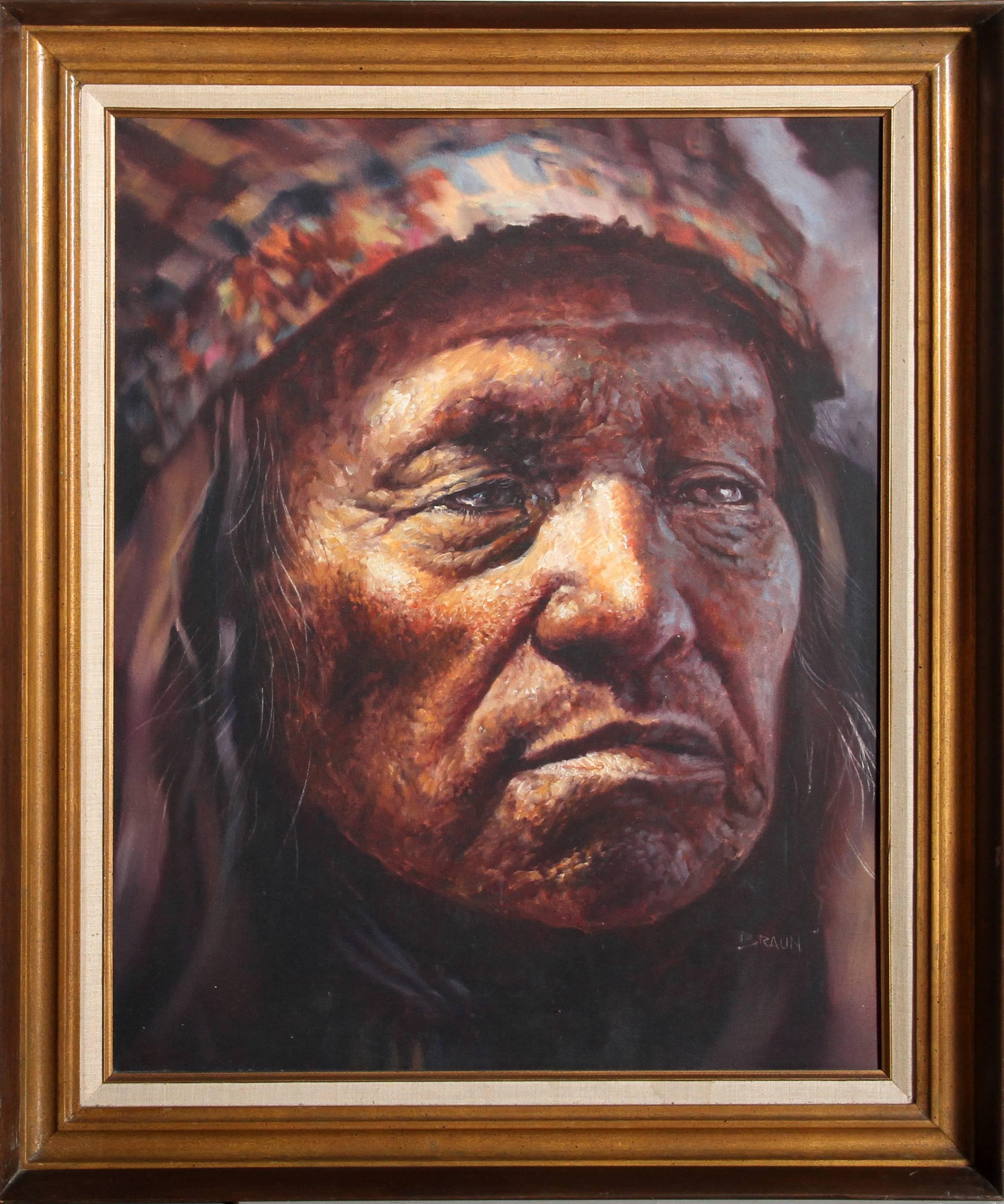 American Indian Chief Portrait, Oil Painting on Canvas by Jorge Braun Tarallo