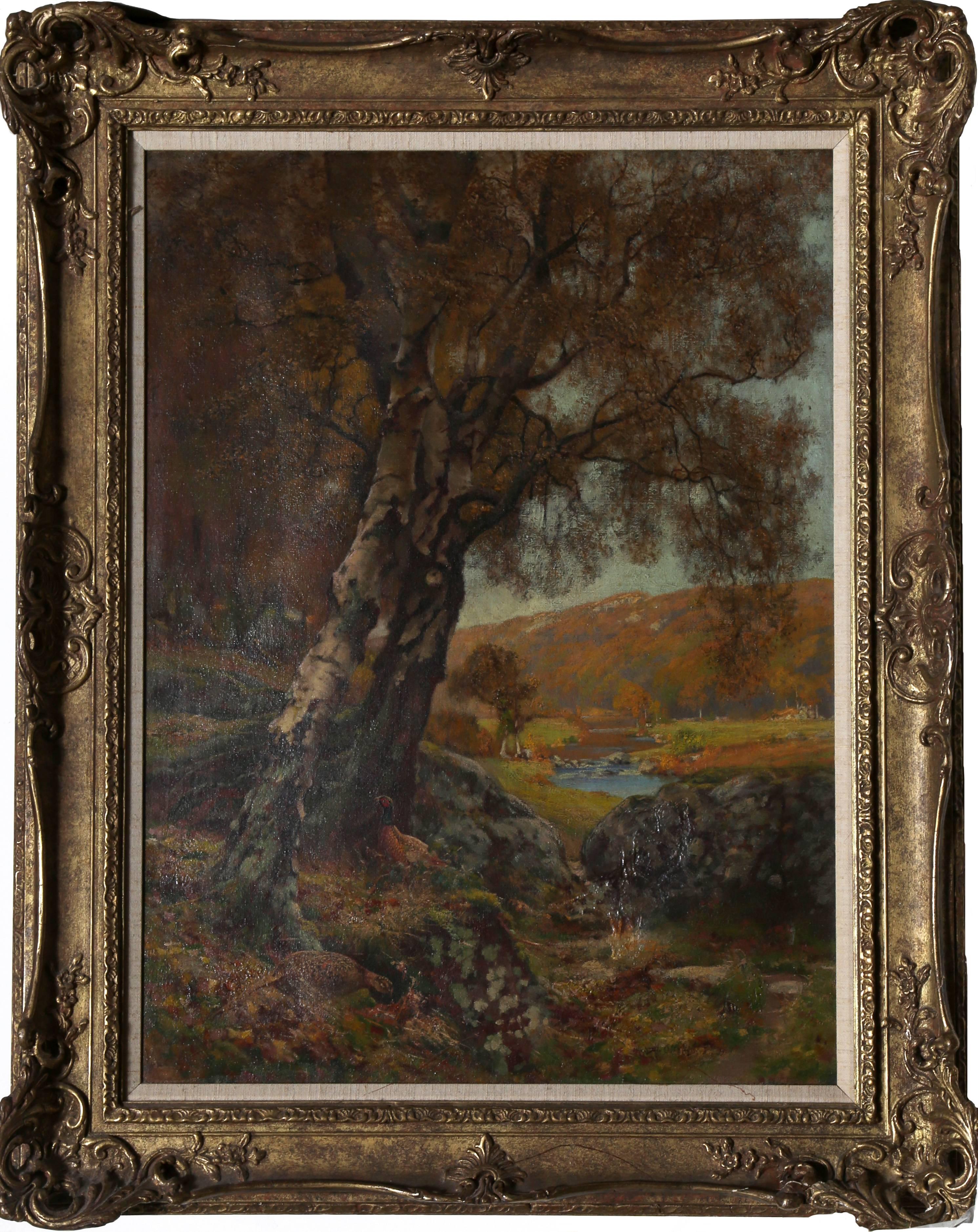 Paire de faisans dans un paysage du Sussex, peinture à l'huile d'Alfred Oliver