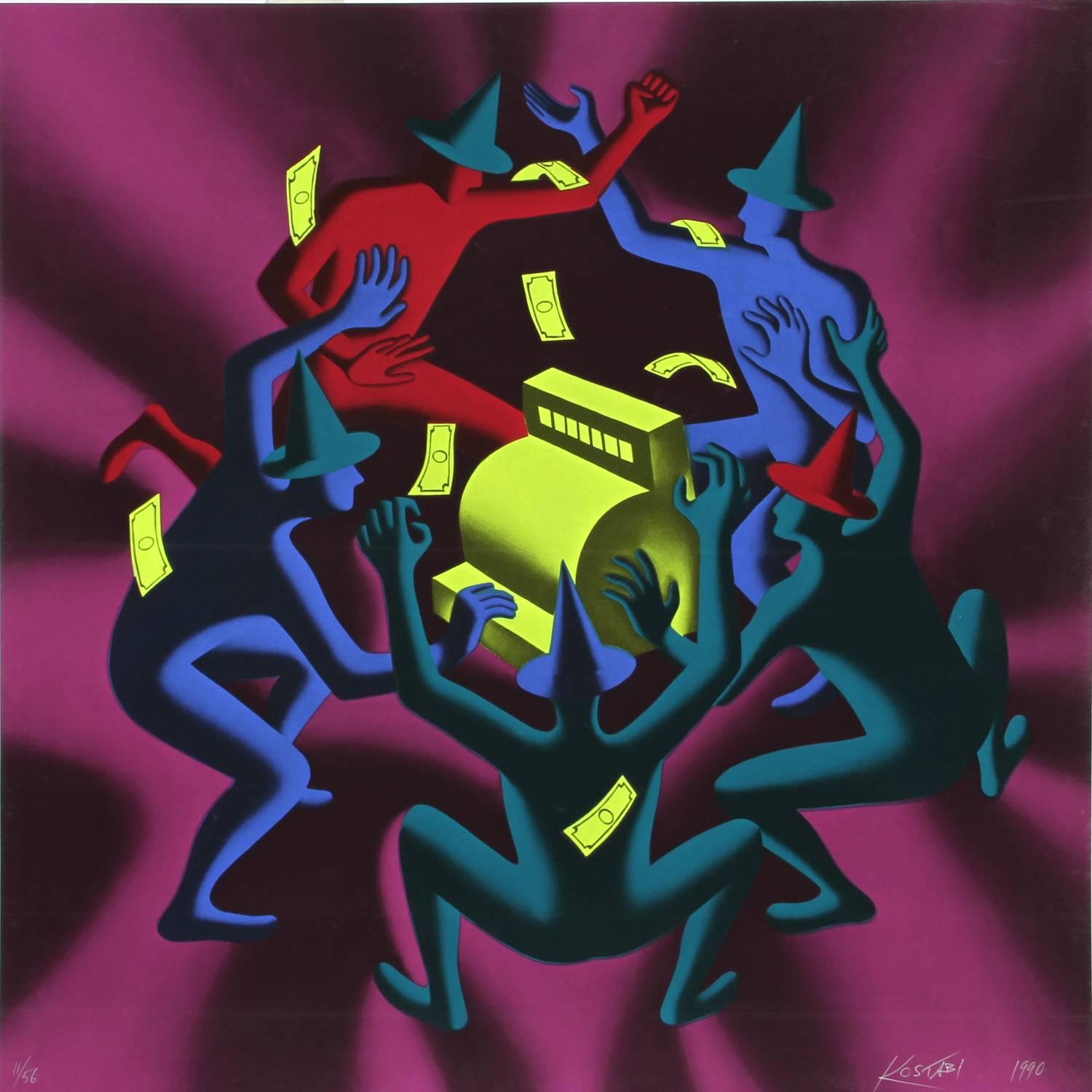 Mark Kostabi Figurative Print – Cash Cash-Tanz