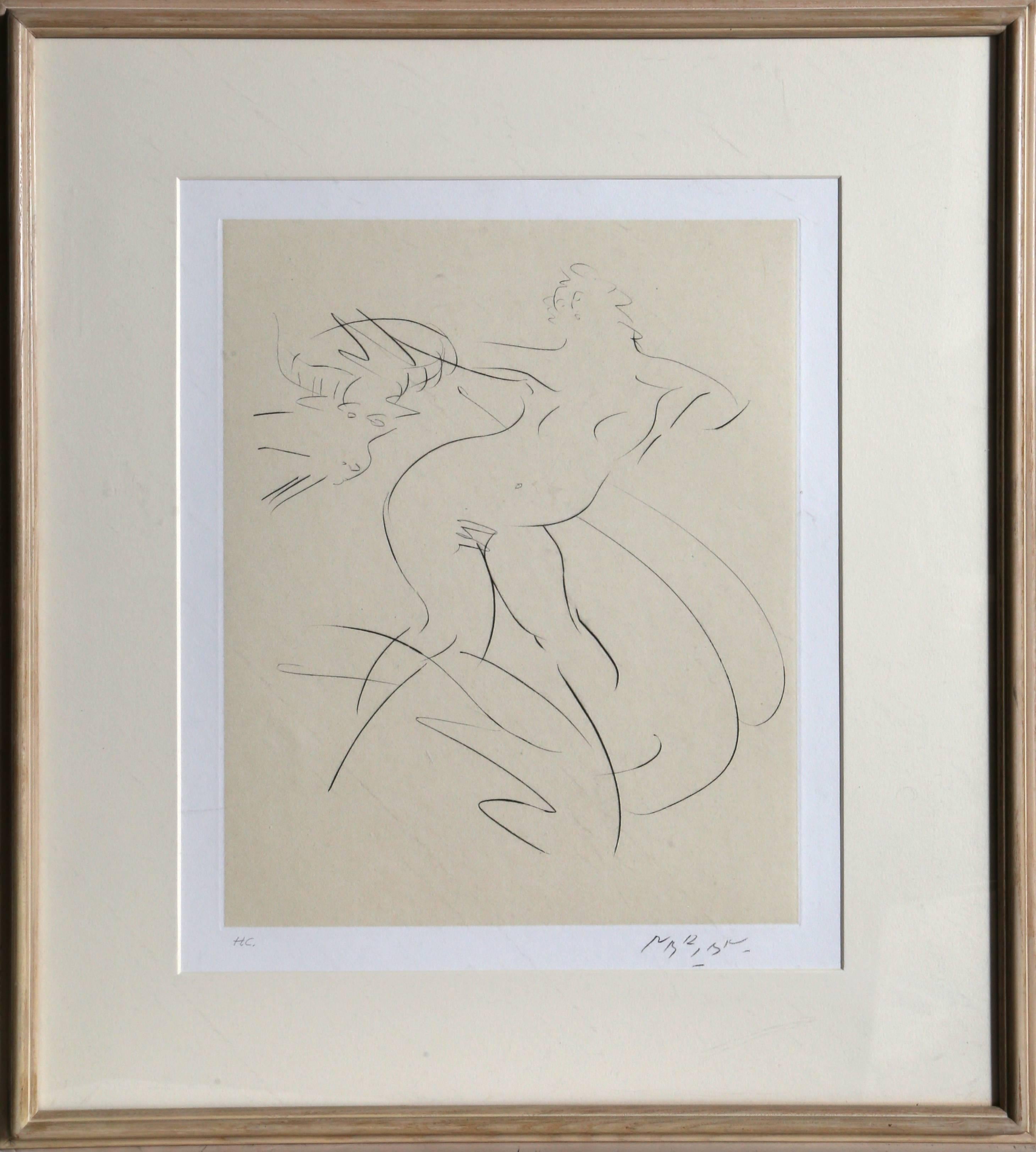 Artist: Reuben Nakian, American (1897 - 1986)
Title: Nymph and Goat 4 (Black) from Myths and Legends
Year: 1979
Medium: Drypoint Etching with Chine Colle on Rives, signed and numbered in pencil
Edition: 75, HC
Image: 16.5 x 13.5 inches
Size: 25.75 x
