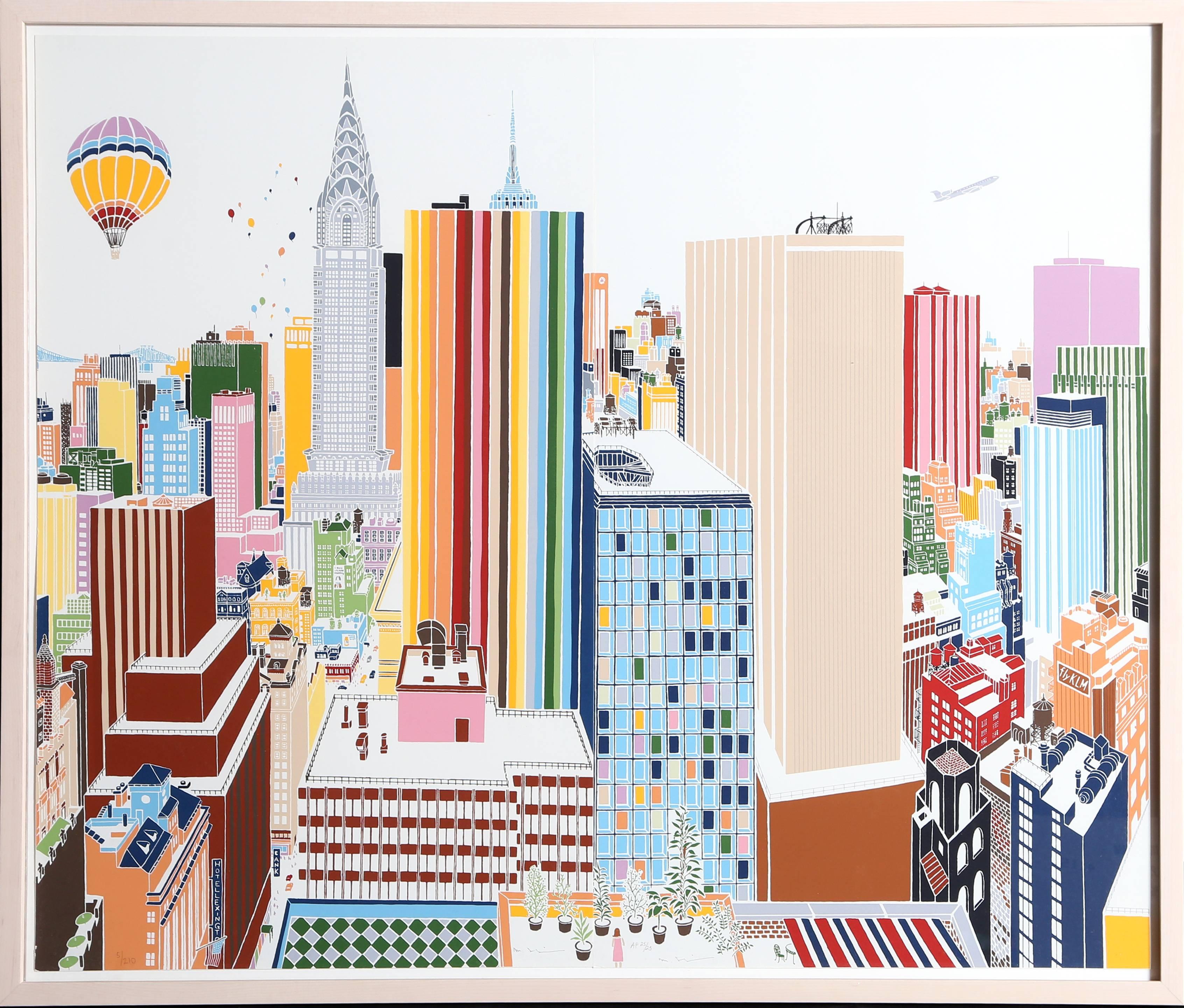 Mori Shizume Landscape Print – New York Skyline, Seidendruck-Diptychon, gerahmt
