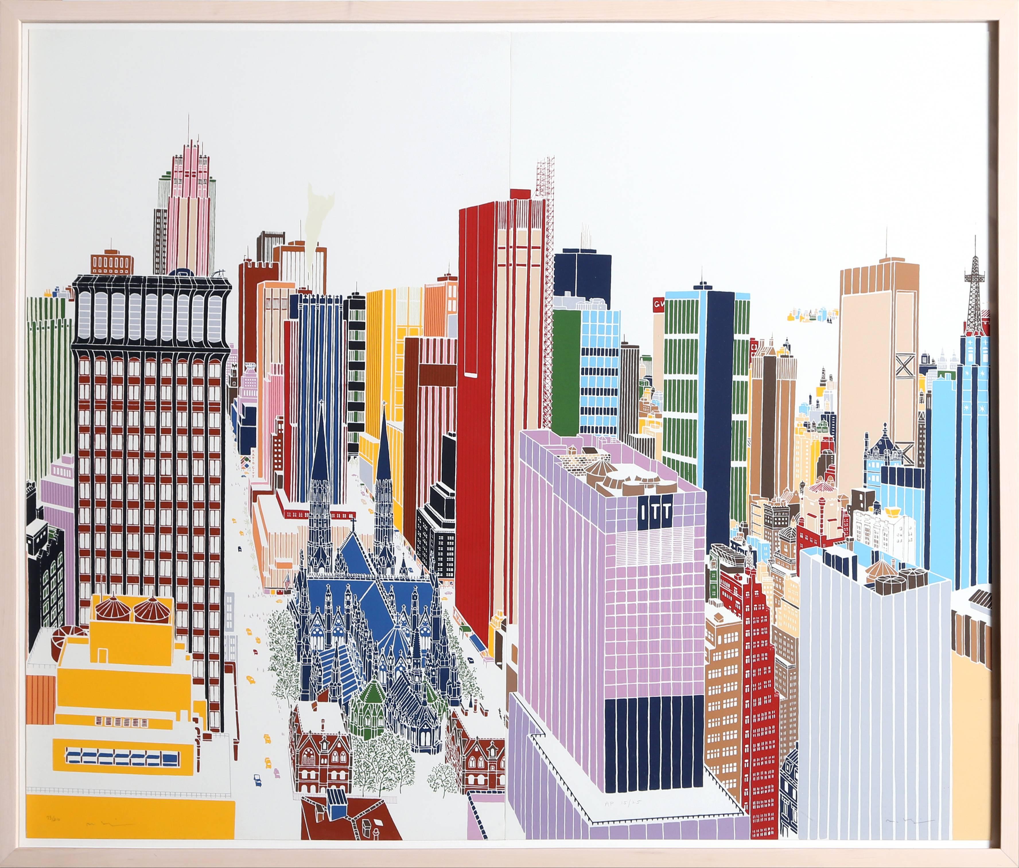 New York Skyline, Framed Silkscreen Diptych by Mori Shizume