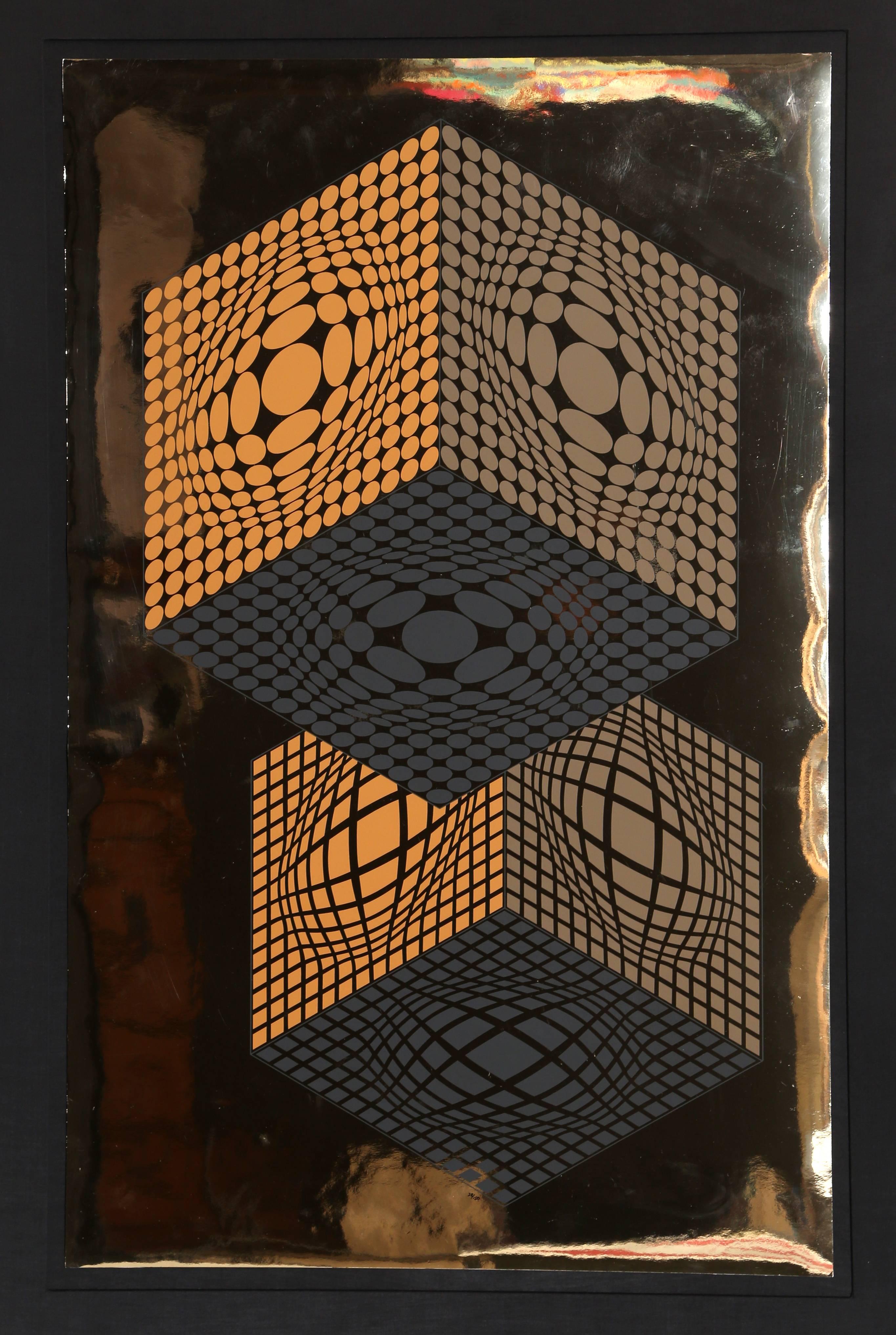 Victor Vasarely Abstract Print - Vega Kocka, Silkscreen on Gold Foil