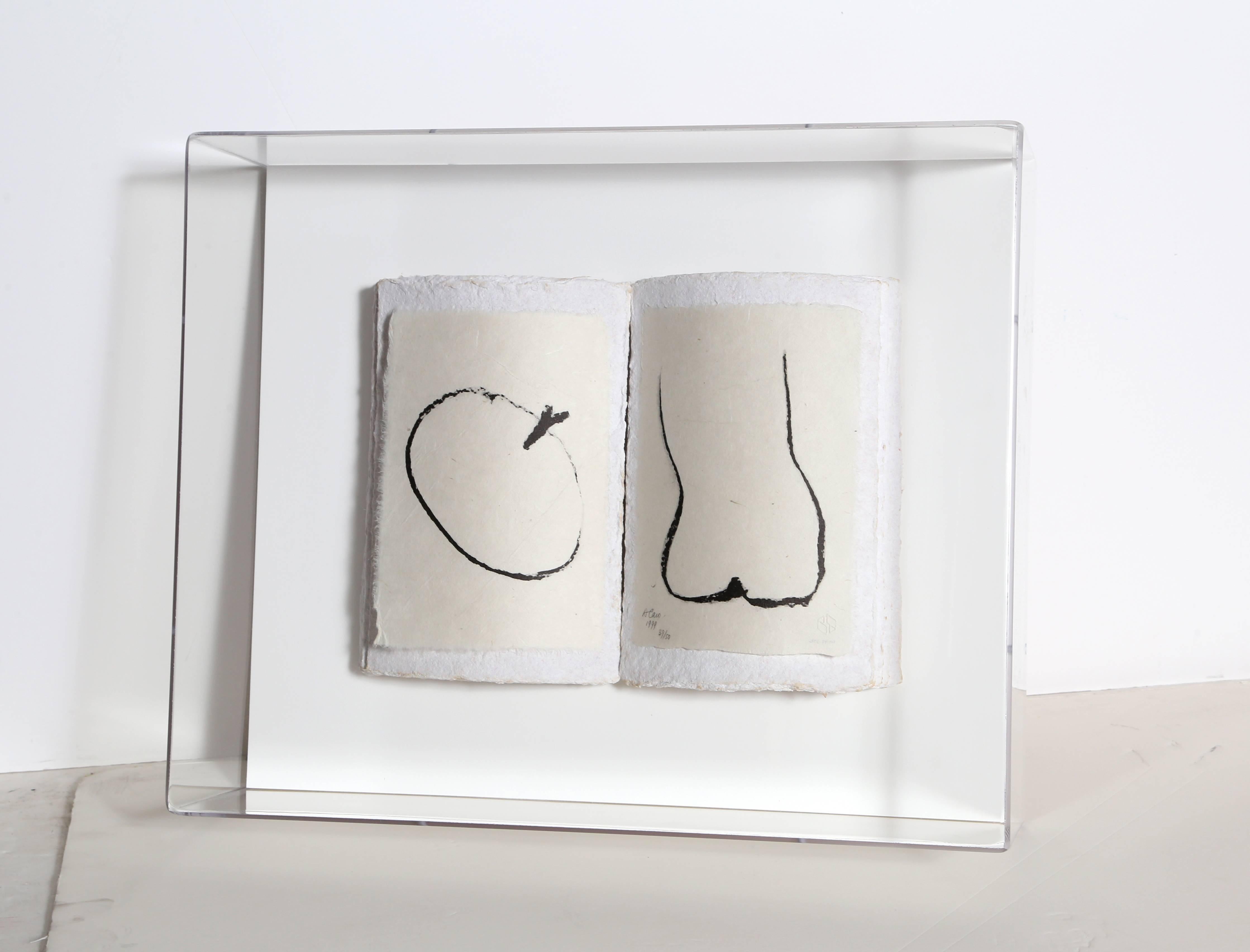 This hand-made paper sculpture and lithography in plexi-box by British Modernist Sir Anthony Caro (1924 - 2013) is a minimalistic rendering of the Biblical story of Adam and Eve.  Signed and numbered in pencil center.  Edition: 50.  Sculpture Size:
