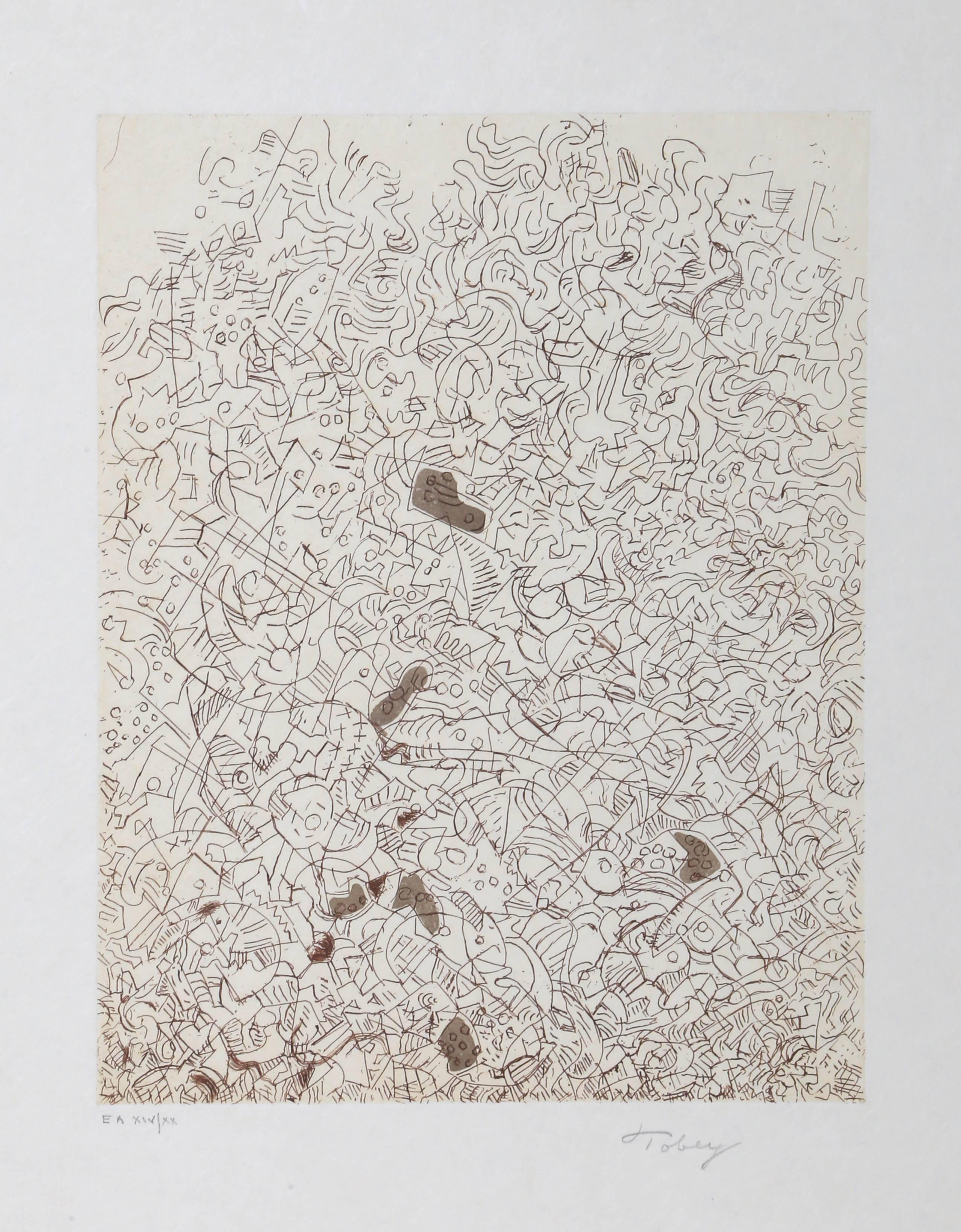 Artist: Mark Tobey, American (1890 - 1976)
Title: Psaltery, 2nd Form
Year: 1974
Medium: Etching on Japon, signed and numbered in pencil
Edition: L (50), EA XX
Paper Size: 26.5 x 20 in. ; Image: 14 x 11 inches

Printer: Atelier Rigal, Fontenay Aux