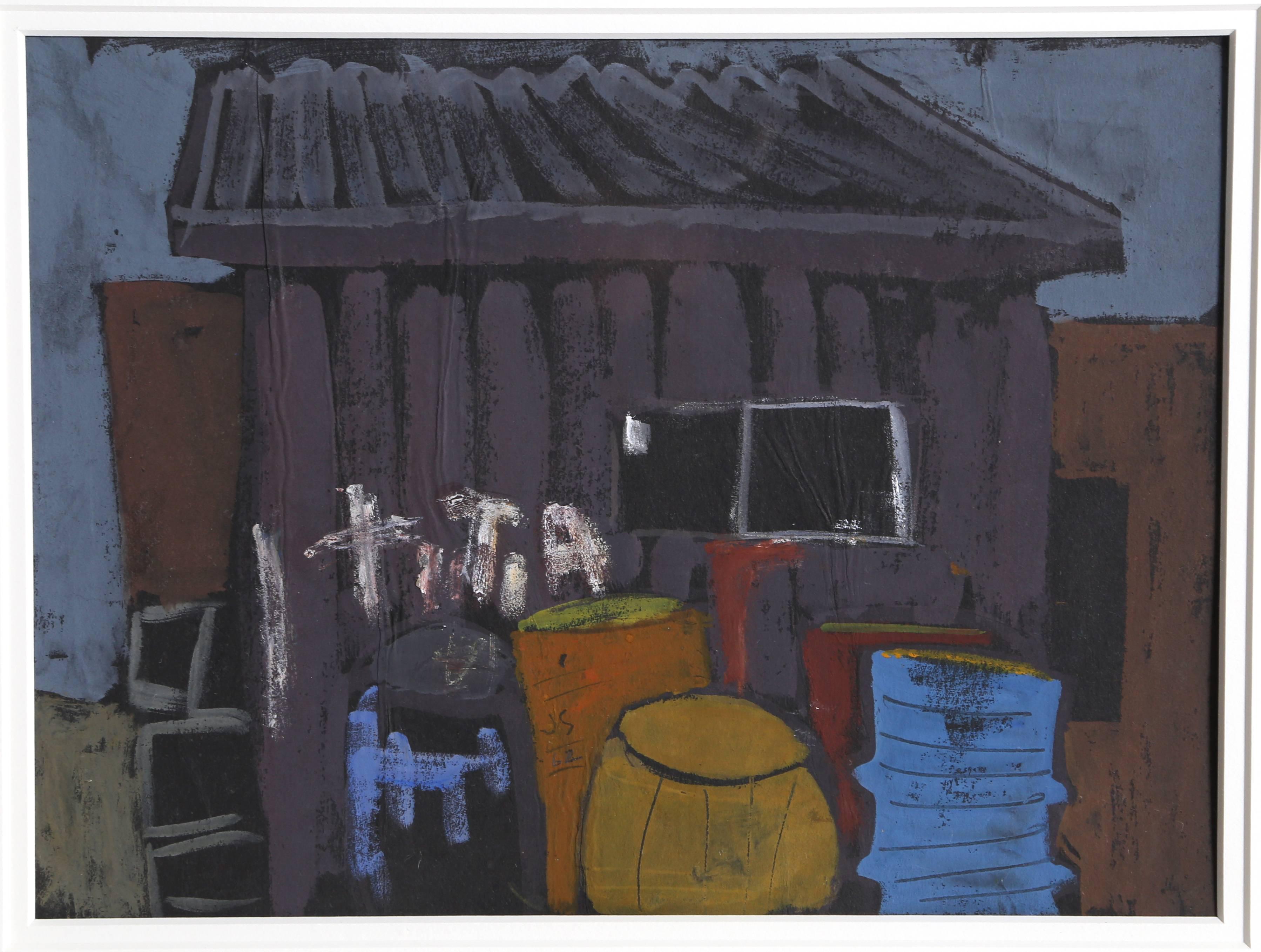 Artist: Joseph Solman, American (1909 - )
Title: Provincetown Dock
Year: 1962
Medium: Gouache on black paper, signed and dated l.c.
Size: 9 x 11.5 inches
Frame Size: 19 x 22 inches