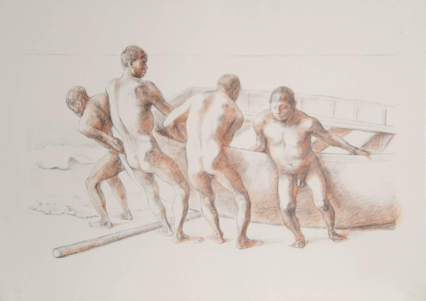 Francisco Zúñiga Figurative Print - Hombres con Barca II, Nude Lithograph by Francisco Zuniga