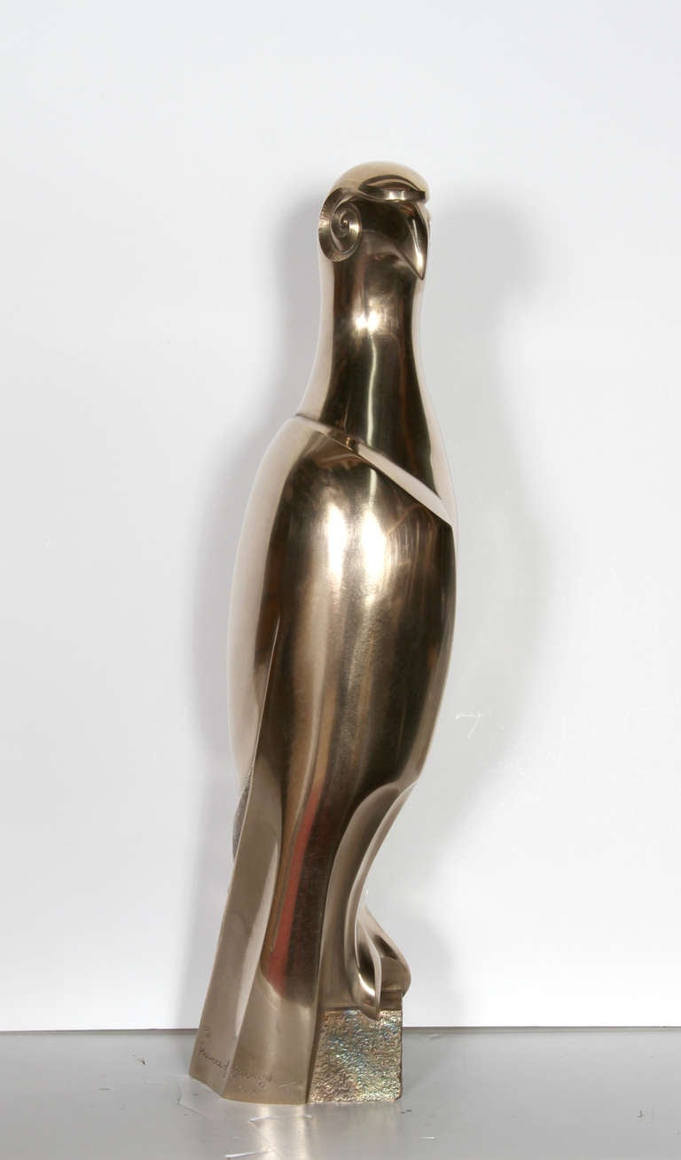 Art Deco Polished Bronze Falcon Sculpture - Gold Figurative Sculpture by Unknown