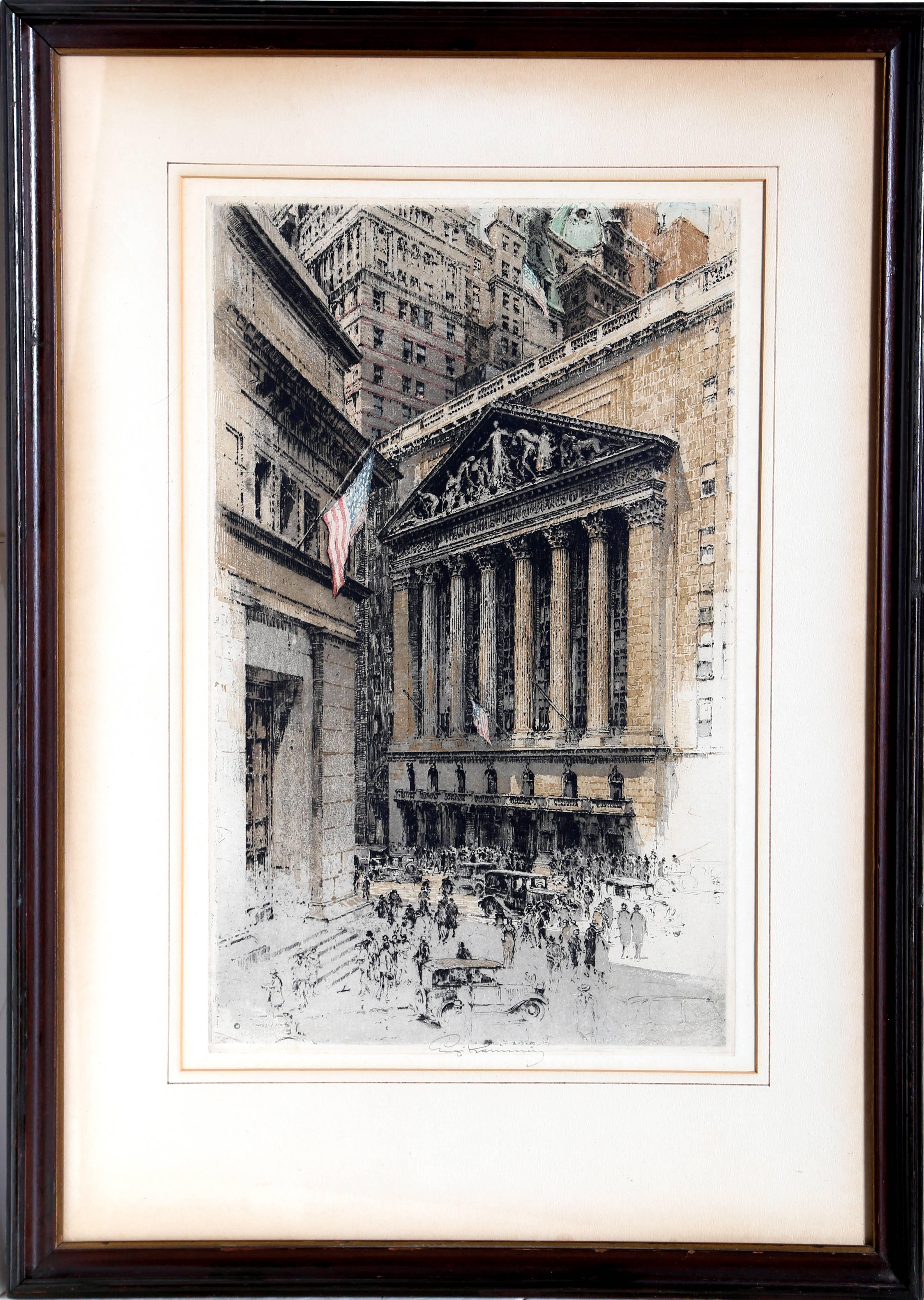 Artist: Luigi Kasimir
Title: New York Stock Exchange
Year: circa 1936
Medium: Etching, Signed in Pencil
Edition Size: 100
Size: 17 x 10.5 Inches
Frame Size: 25.5 x 18 inches