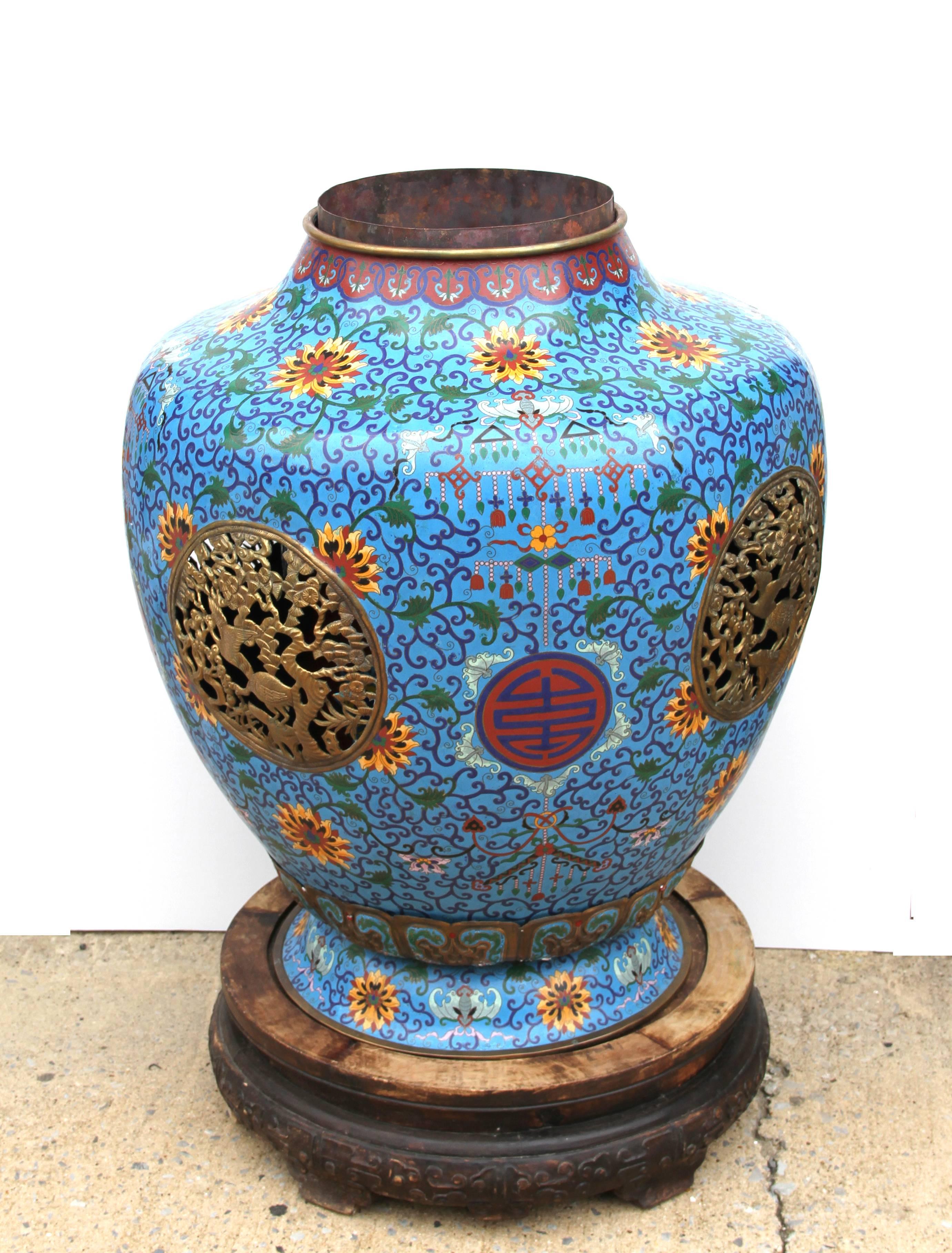Pair of Chinese Cloisonne Tall Incense Urns (Censers) - Sculpture by Unknown