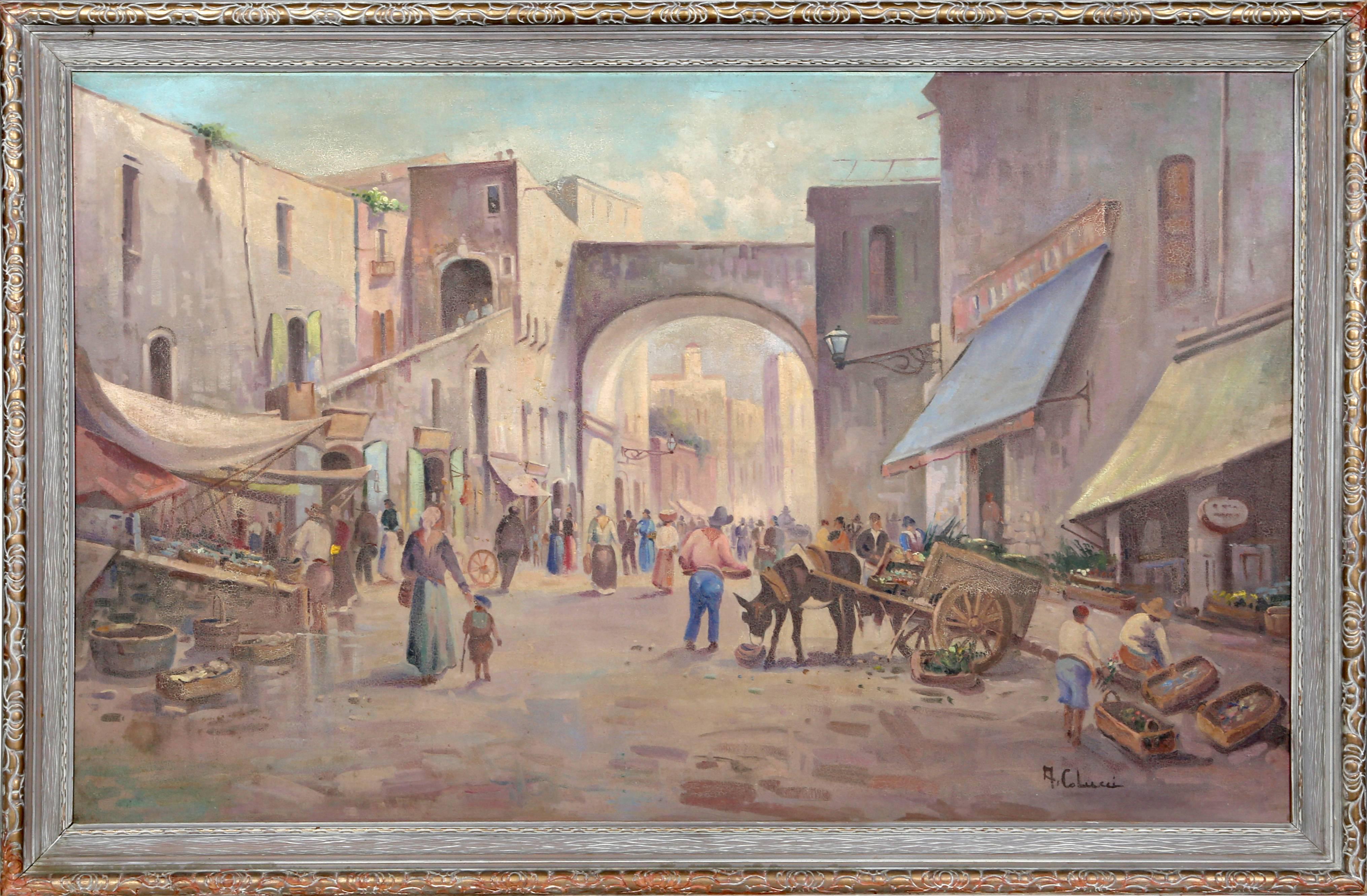 A. Colucci Landscape Painting - Village Market, Large Italian Painting by Colucci