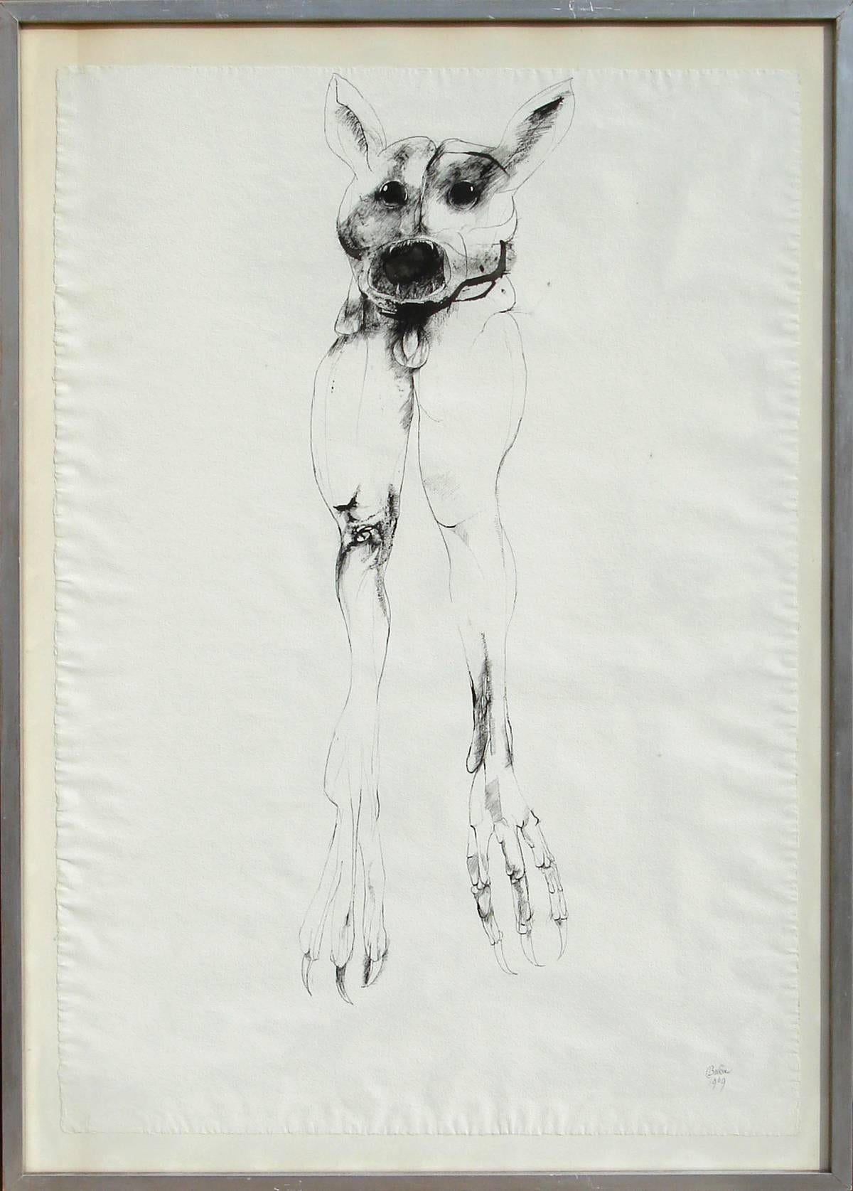 Künstler: Leonard Baskin, Amerikaner (1922 - 2000)
Titel: Groteske
Jahr: 1969
Medium: Tinte auf Papier, signiert 
Größe: 40 Zoll x 27,5 Zoll (101,6 cm x 69,85 cm)
Rahmengröße: 45 x 32 Zoll