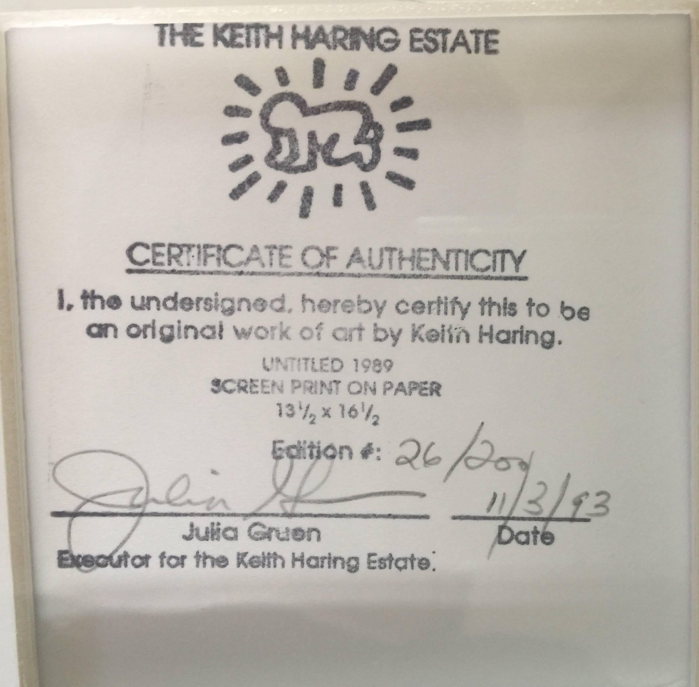 The complete portfolio of 4 individual pieces. Each with the Keith Haring Estate stamp verso, signed in pencil by the Executor for the Estate, Julia Gruen, and numbered 26/200. Published by Martin Lawrence Editions, Los Angeles. Reference Littman,
