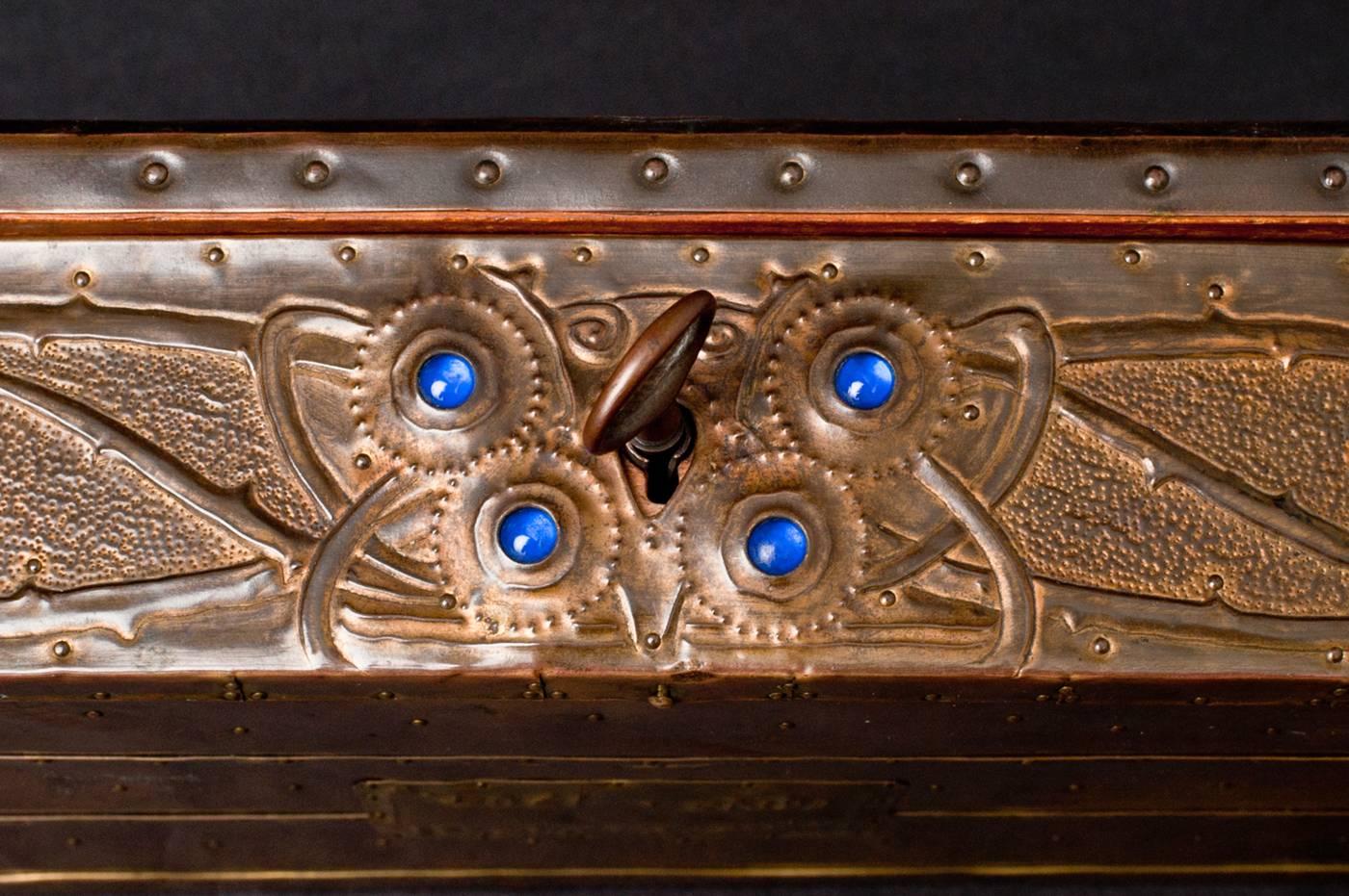 Made while his studio was located above the famous S. Bing l’Art Nouveau salon in Paris, this metal-hinged wood box is an excellent example of Alfred Daguet’s work.  What unifies this piece is the repeating Eye of Providence motif to which Daguet