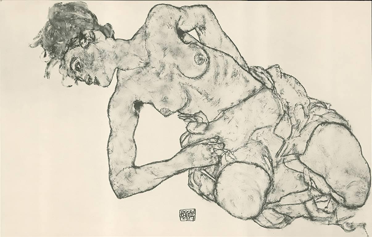 Egon Schiele Figurative Print - R. Layni, Zeichnungen folio, "Kneeling Female Semi-Nude" Collotype plate XII