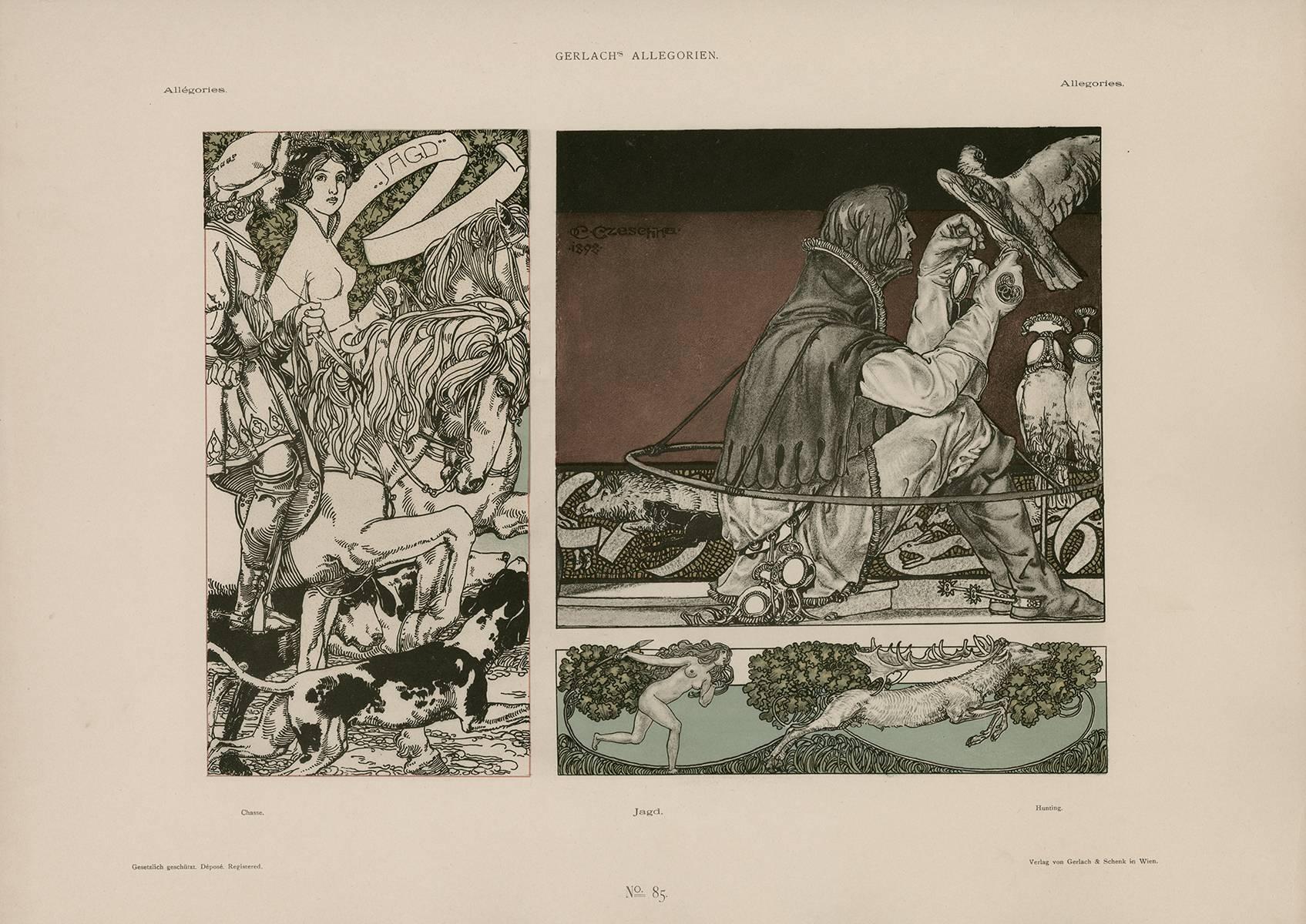 Gerlach's Allegorien Plate #85: "Hunting" Lithograph by Carl Otto Czeschka