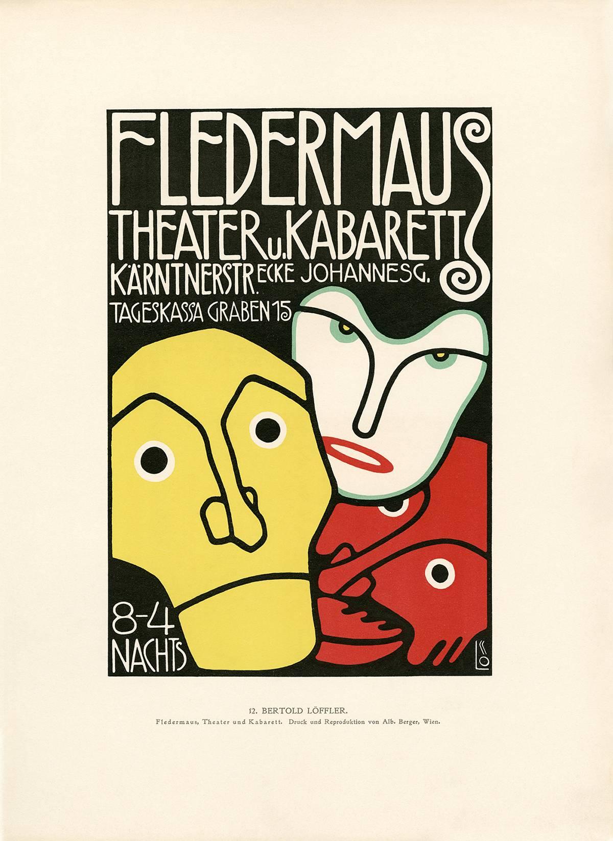 Berthold Löffler Figurative Print - Ottokar Mascha Folio, plate 12: "Fledermaus Theatre und Kaberett Poster"